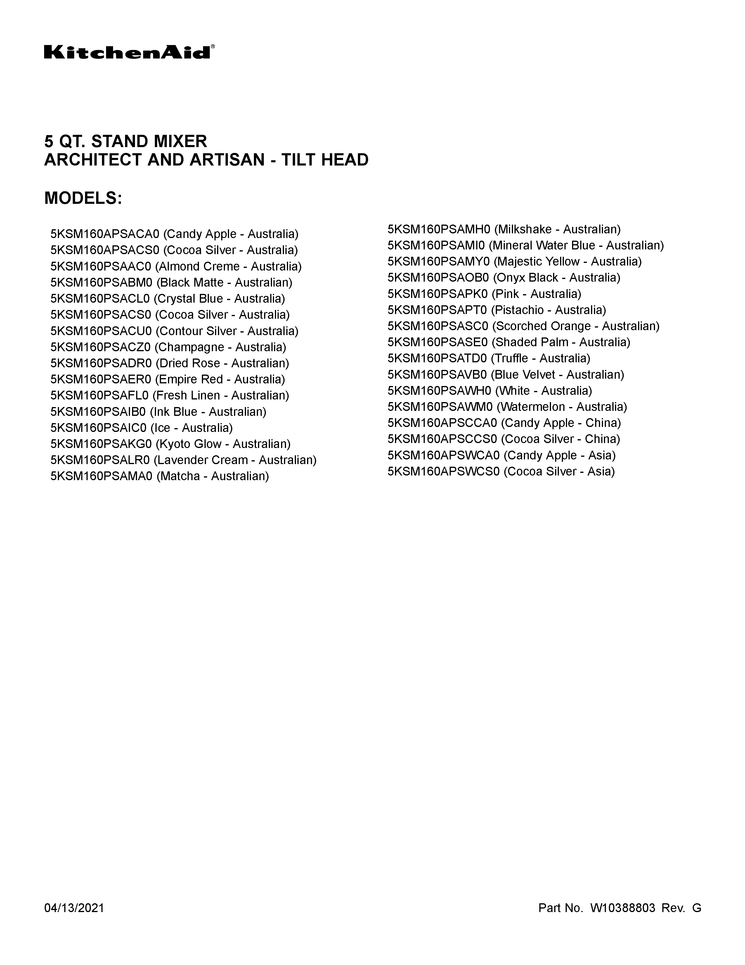 KitchenAid 5KSM160APSCCS0 cover sheet diagram