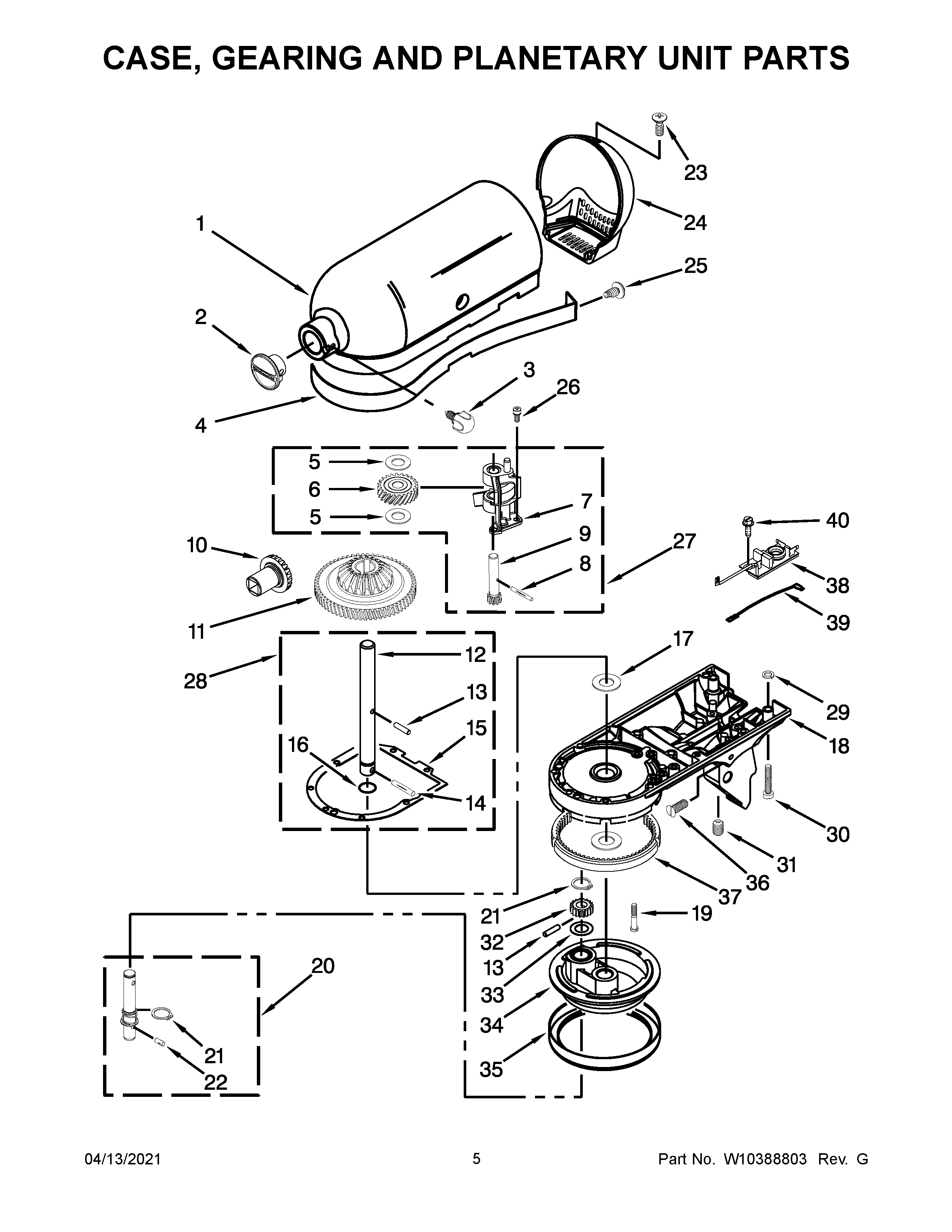 KitchenAid 5KSM160APSWCA0 case, gearing and planetary unit parts diagram