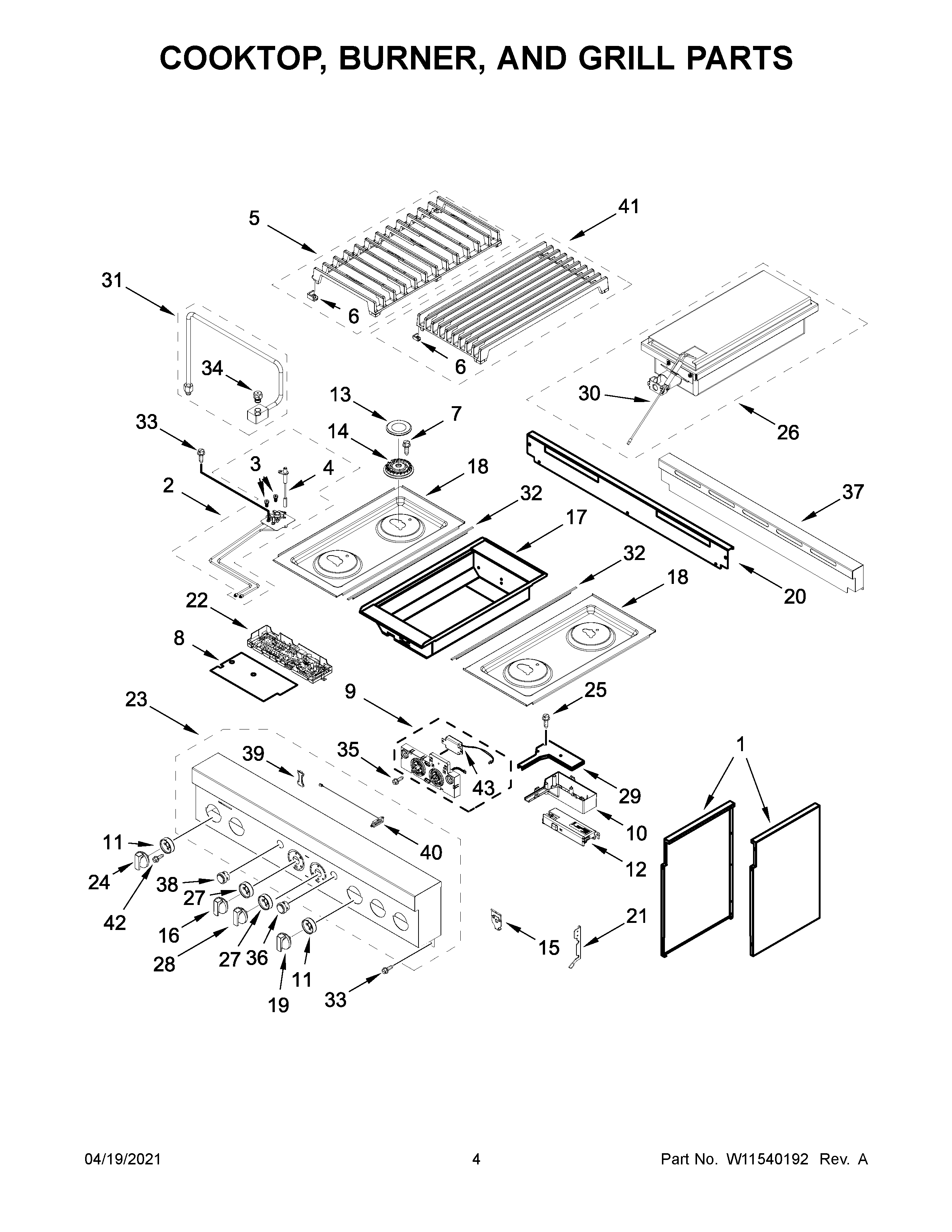Jenn-Air JGRP636HM01 cooktop, burner, and grill parts diagram