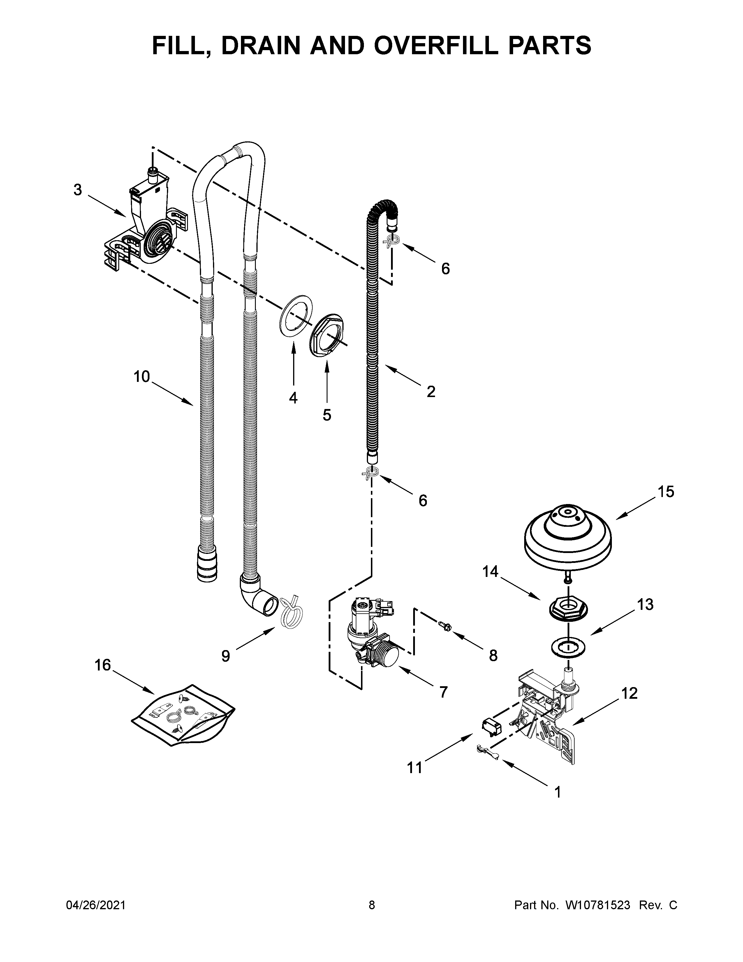 Whirlpool WDT920SADH1 fill, drain and overfill parts diagram