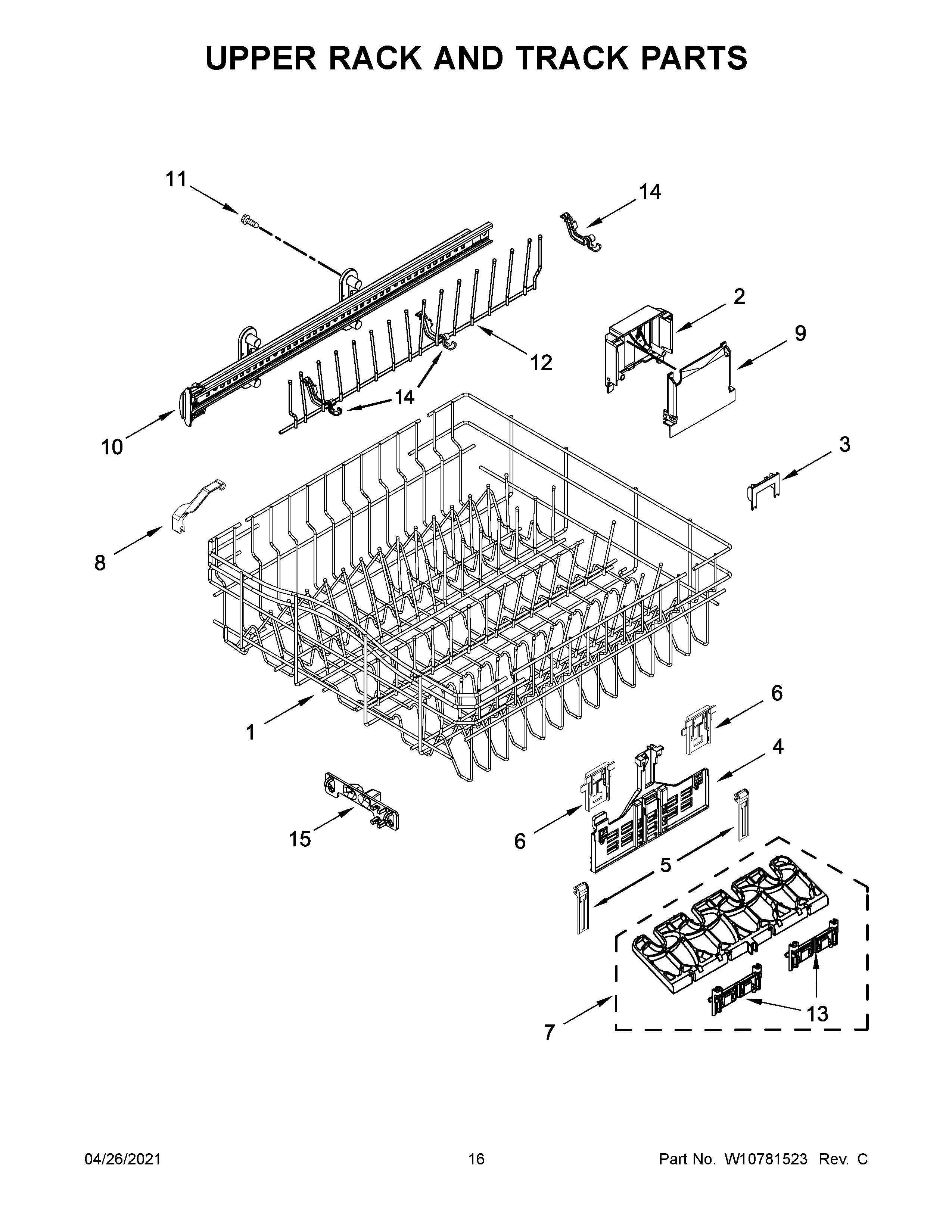 Whirlpool WDT920SADH1 upper rack and track parts diagram