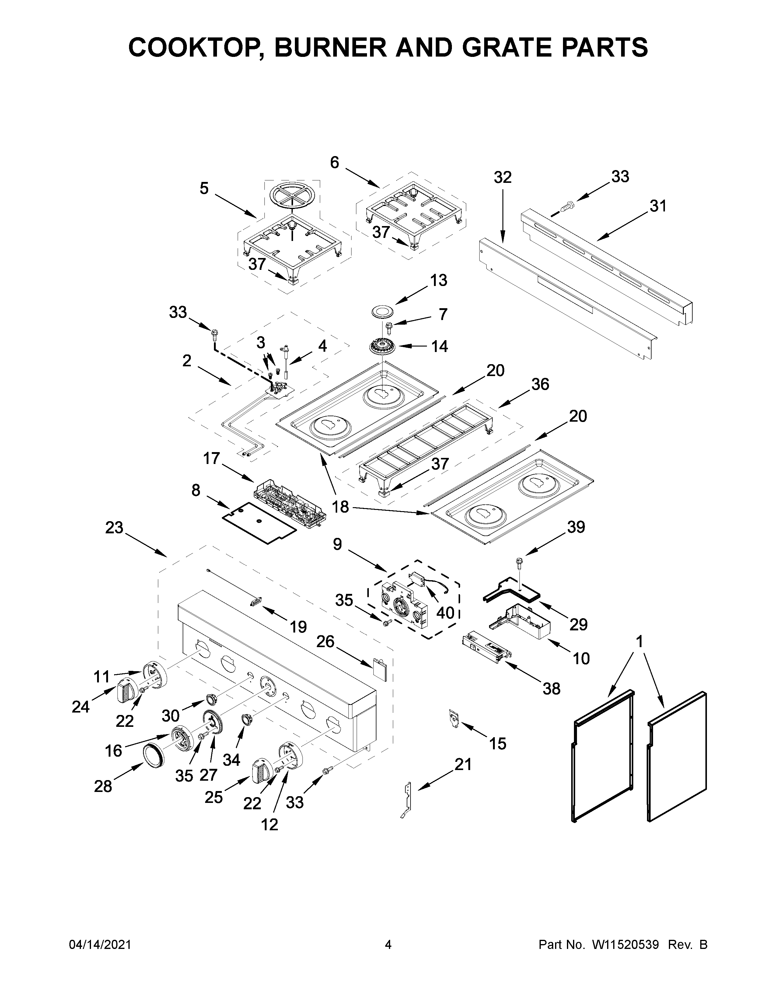 KitchenAid KFGC500JBK01 cooktop, burner and grate parts diagram
