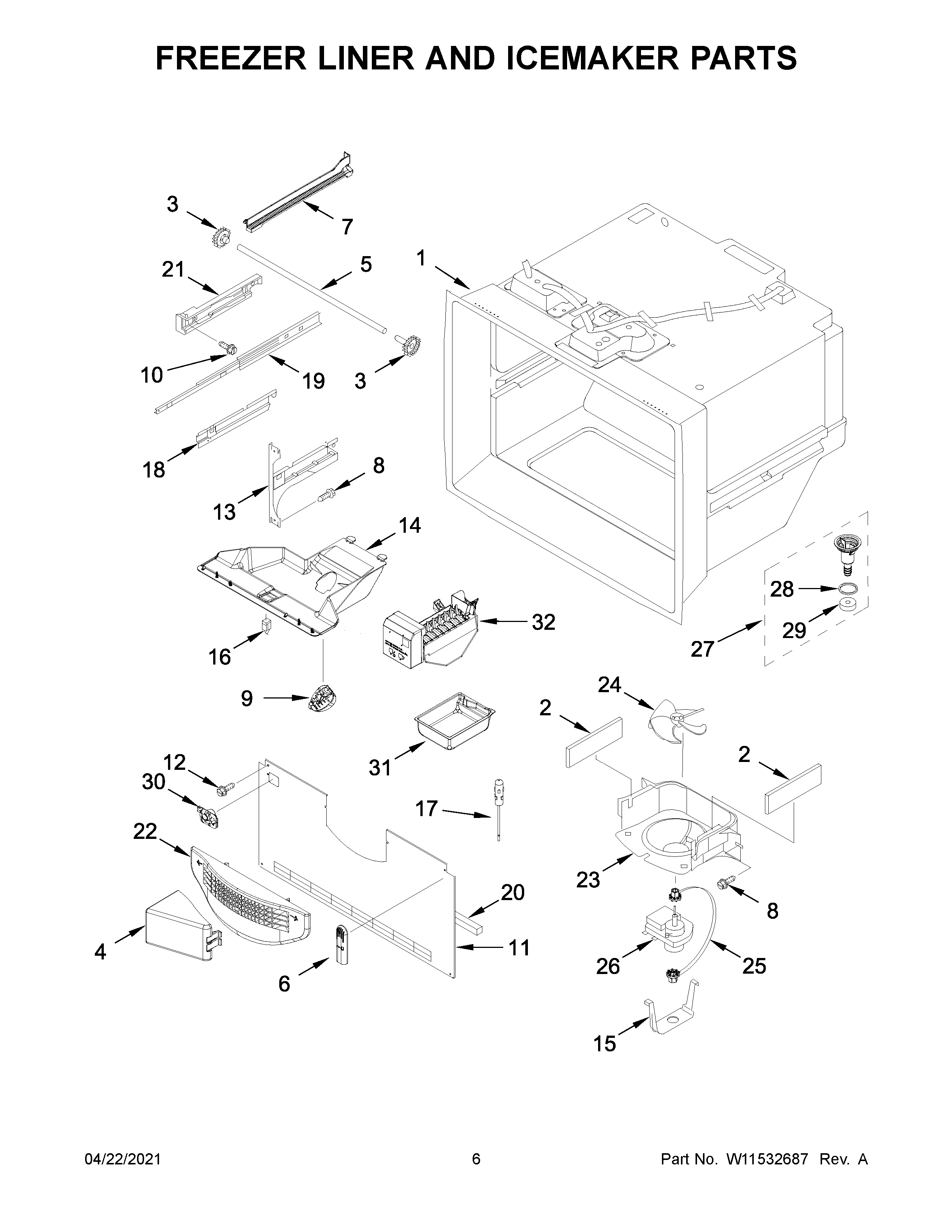 Whirlpool WRB329DMBM03 freezer liner and icemaker parts diagram