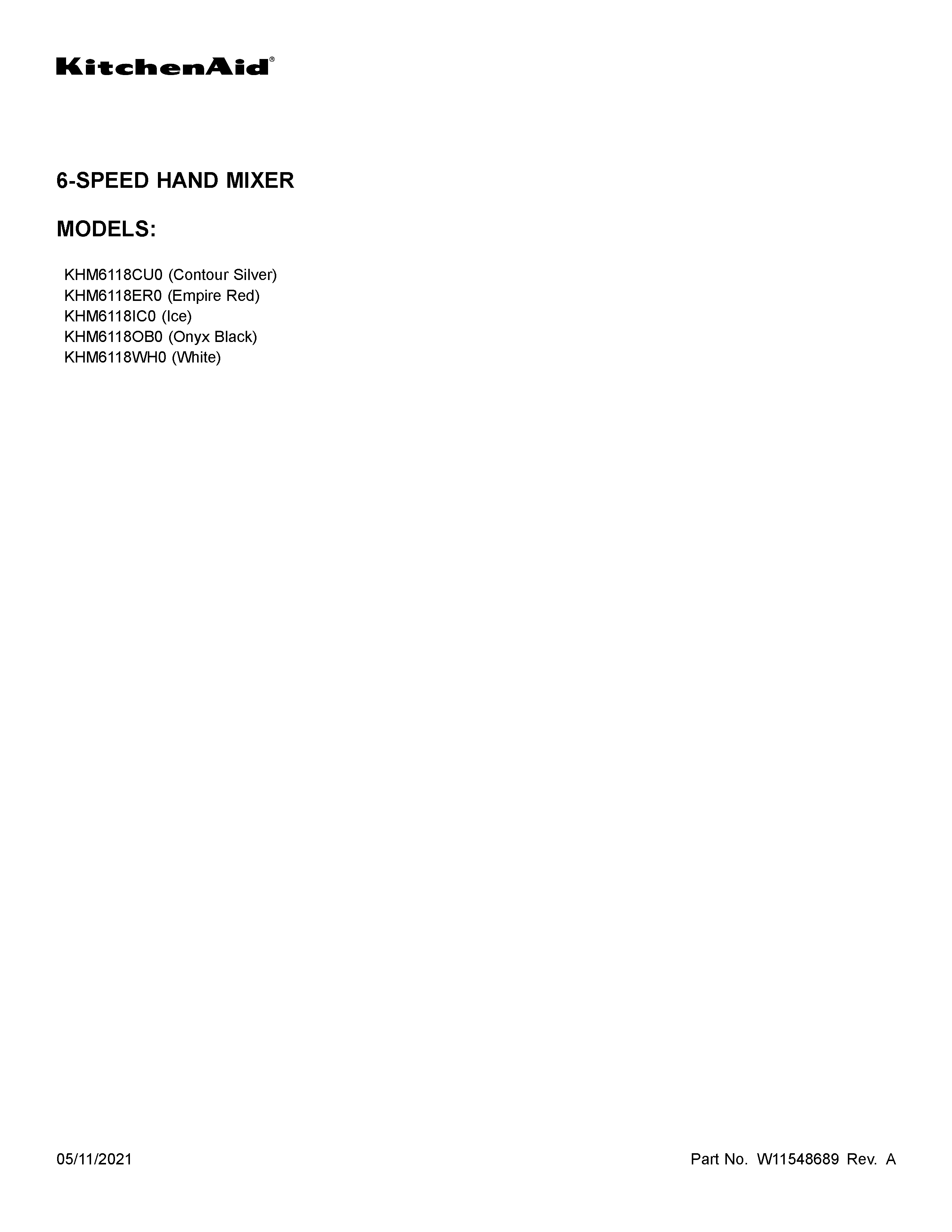 KitchenAid KHM6118OB0 cover sheet diagram