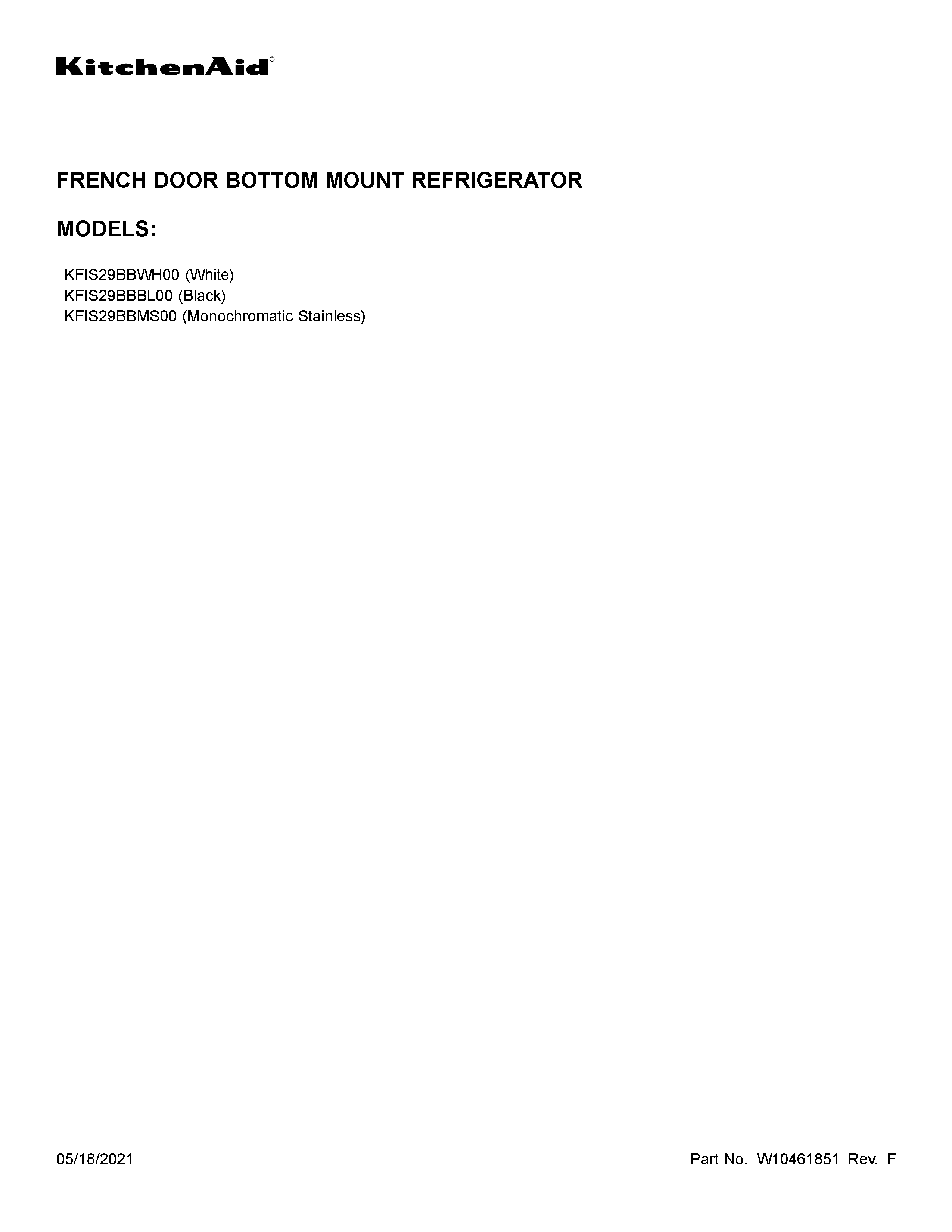 KitchenAid KFIS29BBBL00 cover sheet diagram