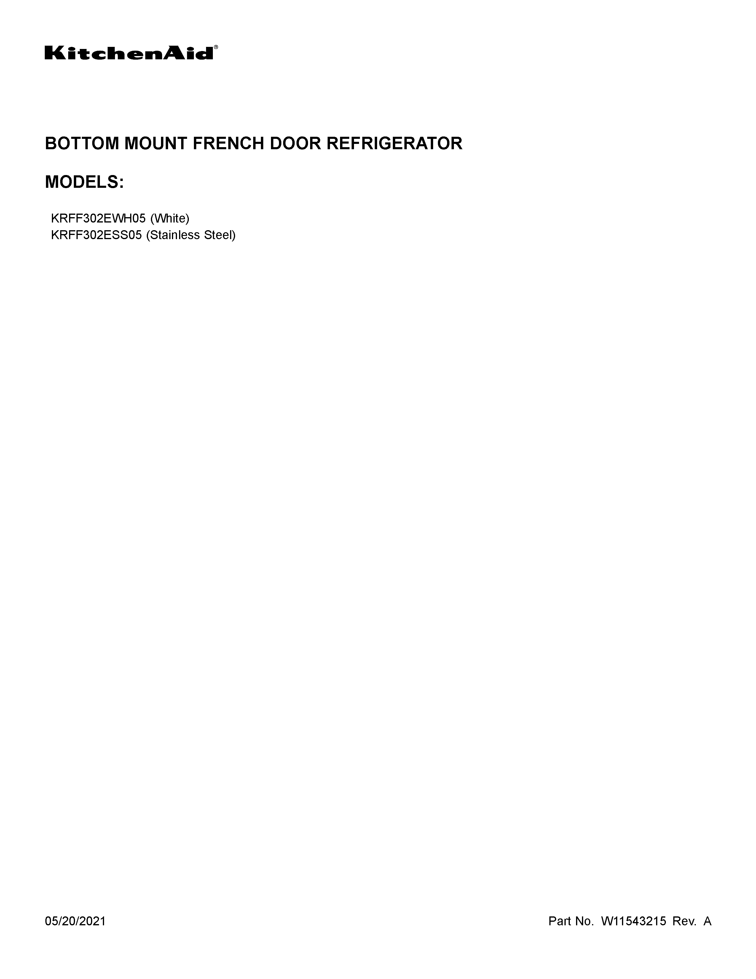 KitchenAid KRFF302ESS05 cover sheet diagram