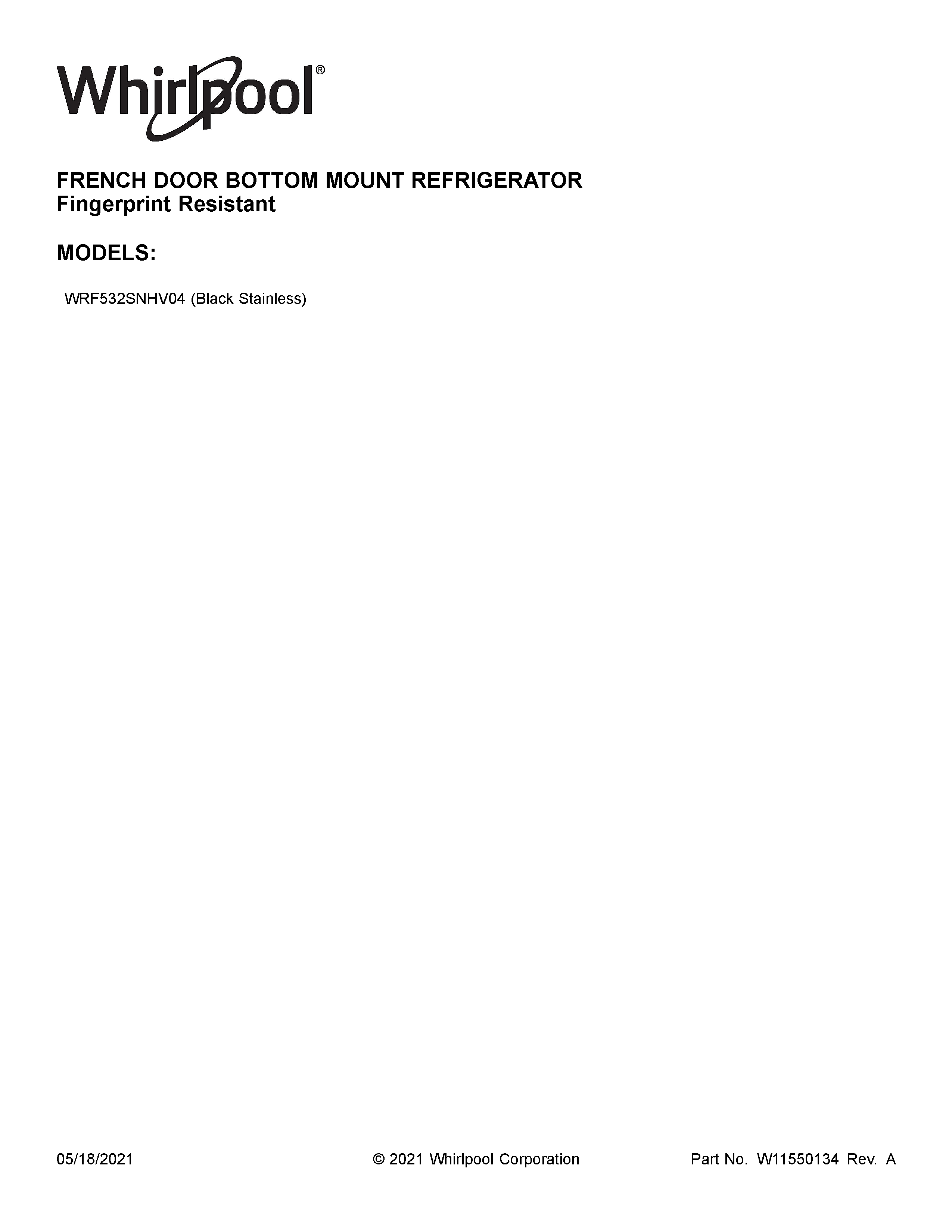 Whirlpool WRF532SNHV04 cover sheet diagram