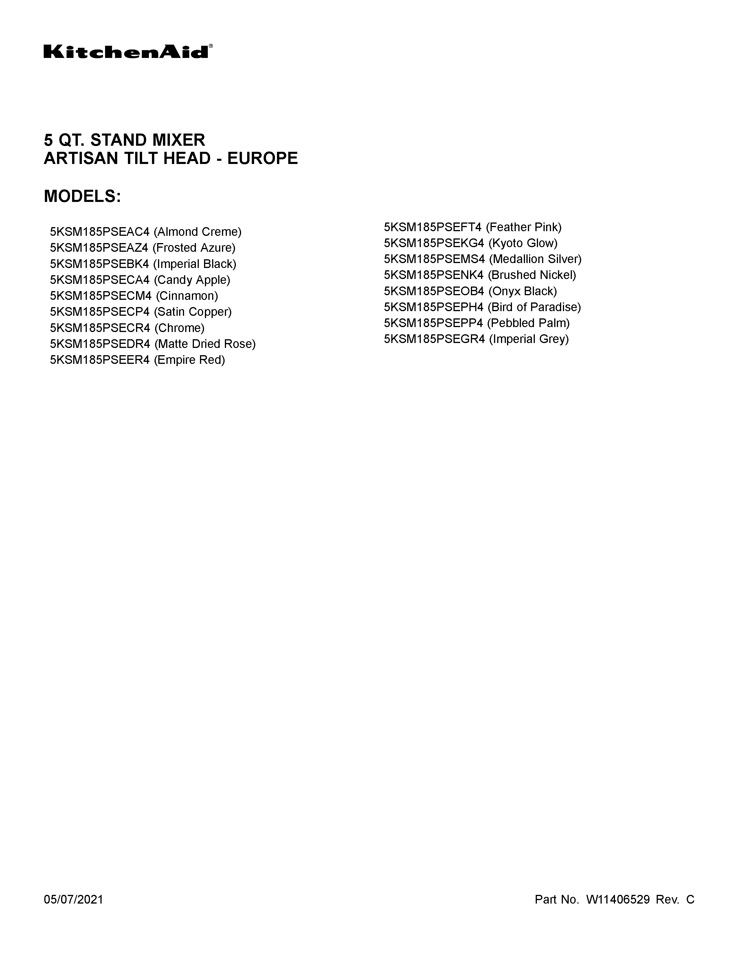 KitchenAid 5KSM185PSENK4 cover sheet diagram