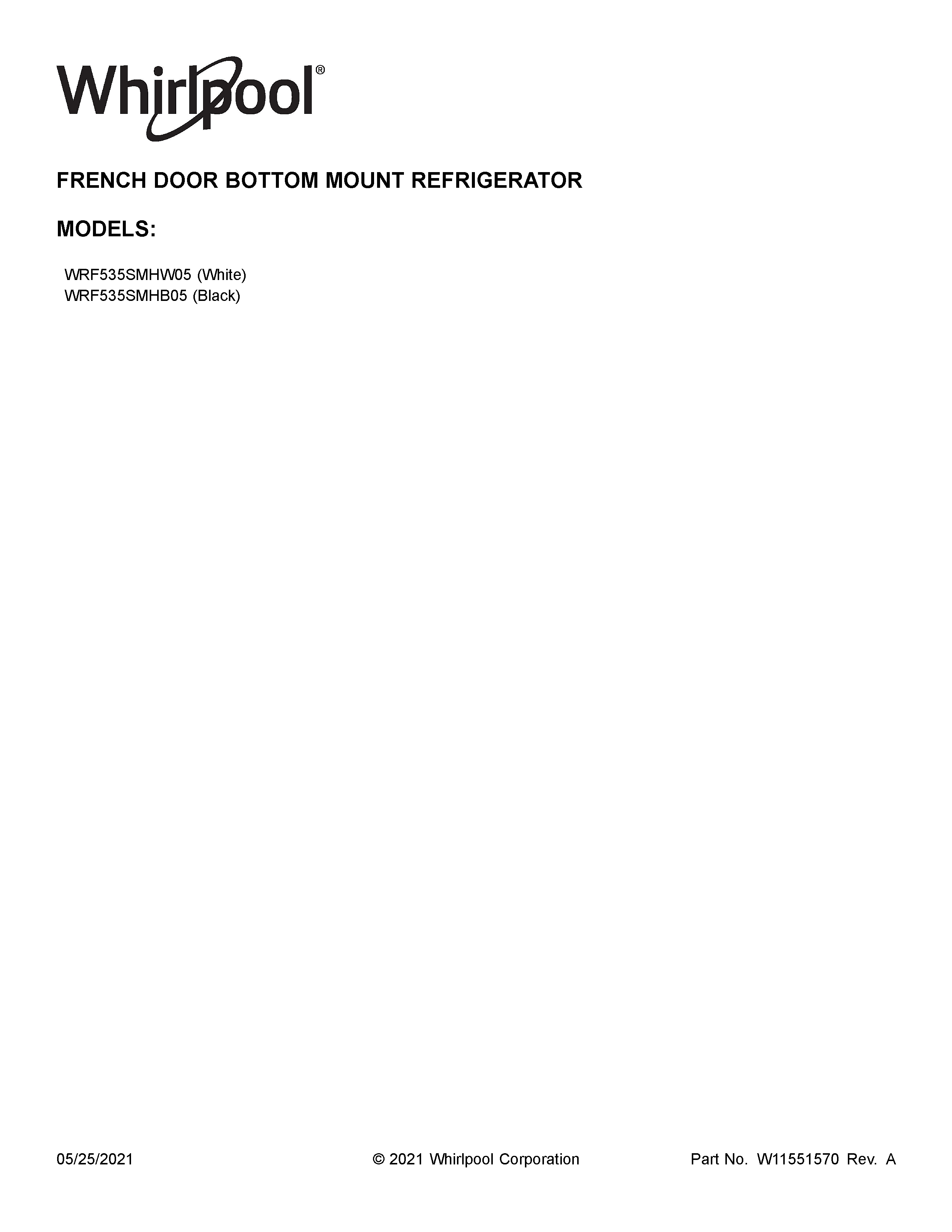 Whirlpool WRF535SMHB05 cover sheet diagram