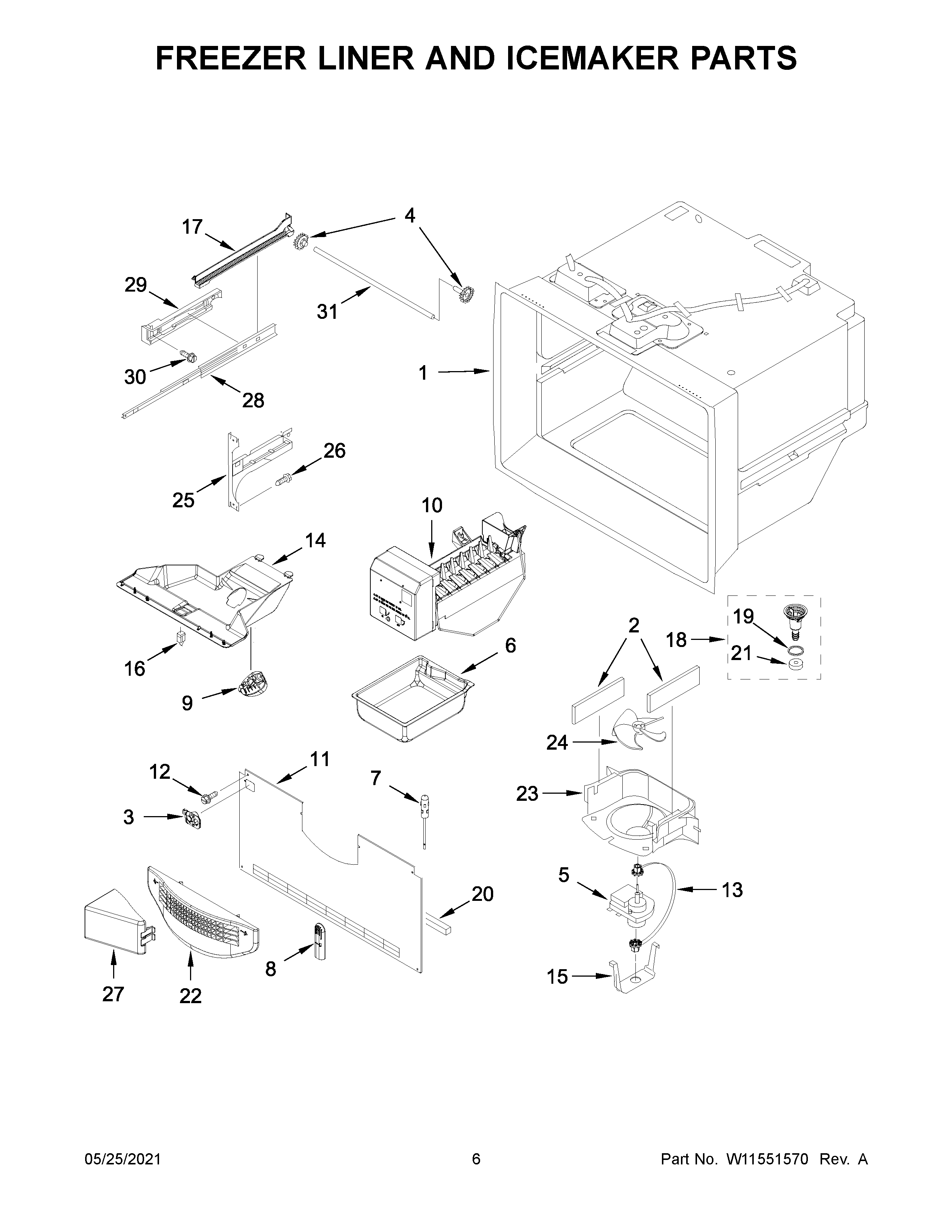 Whirlpool WRF535SMHB05 freezer liner and icemaker parts diagram