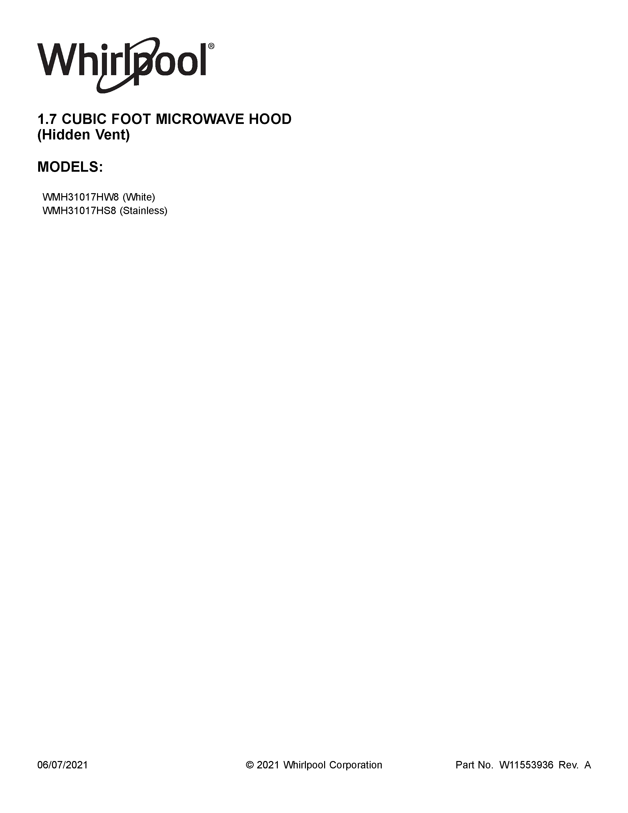 Whirlpool WMH31017HS8 cover sheet diagram