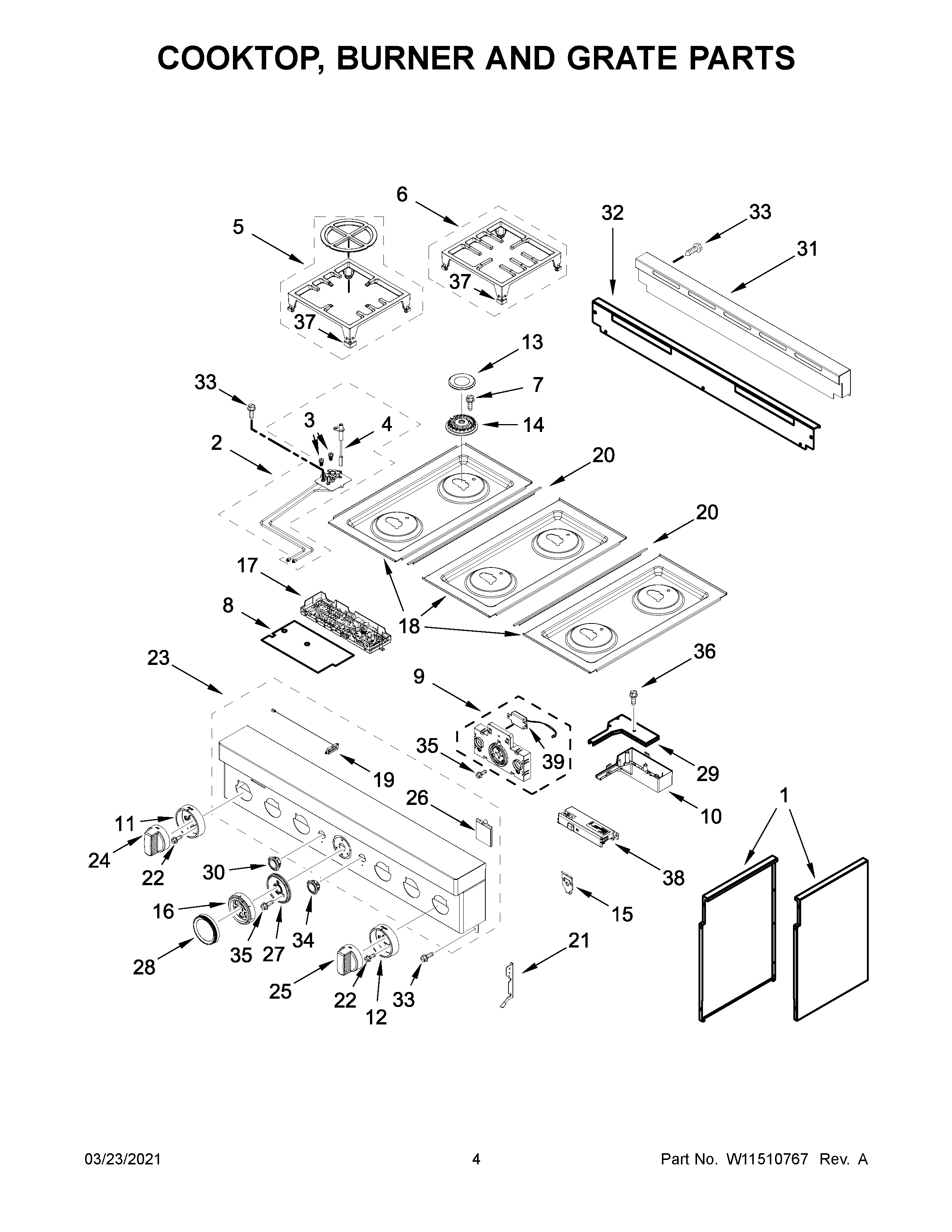 KitchenAid KFGC506JPA02 cooktop, burner and grate parts diagram