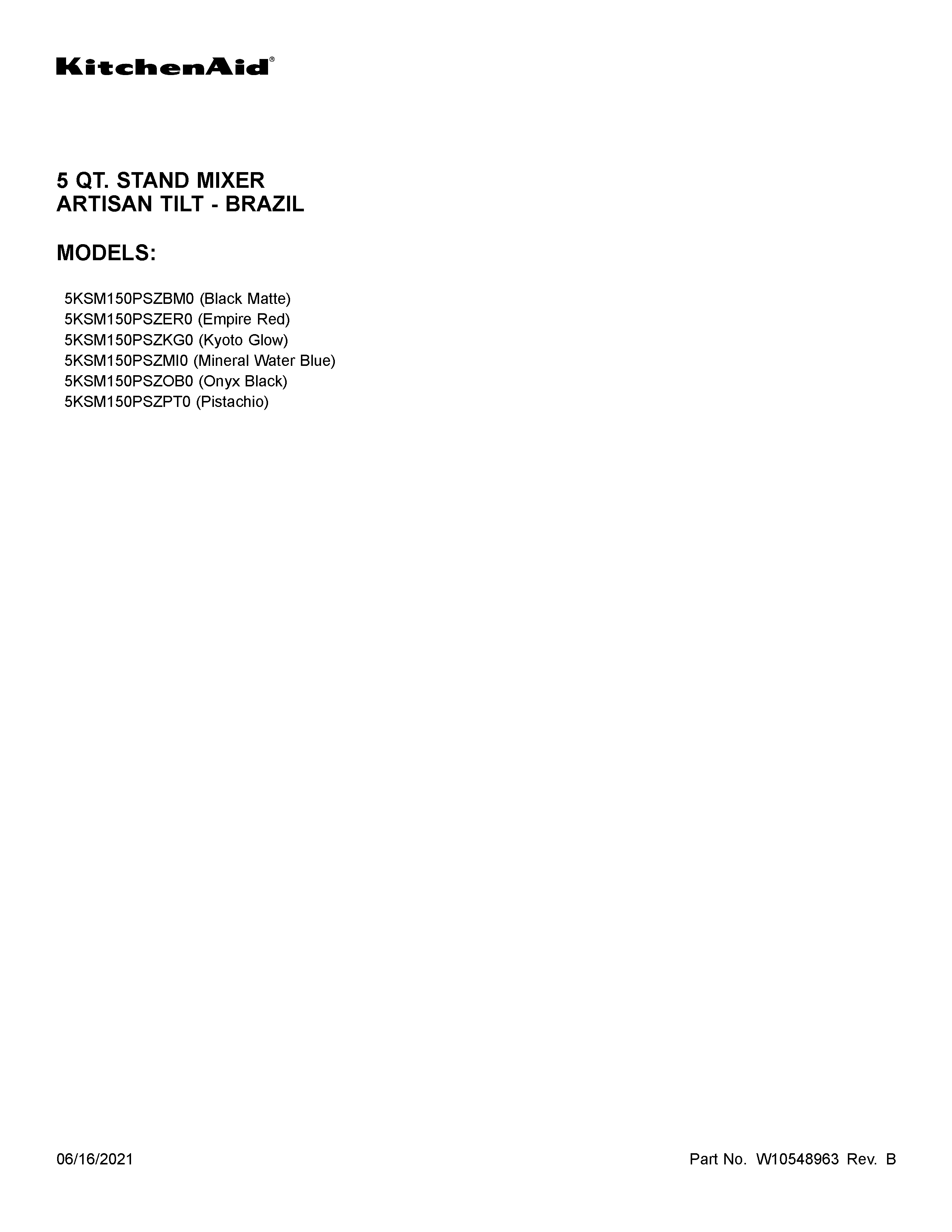 KitchenAid 5KSM150PSZER0 cover sheet diagram