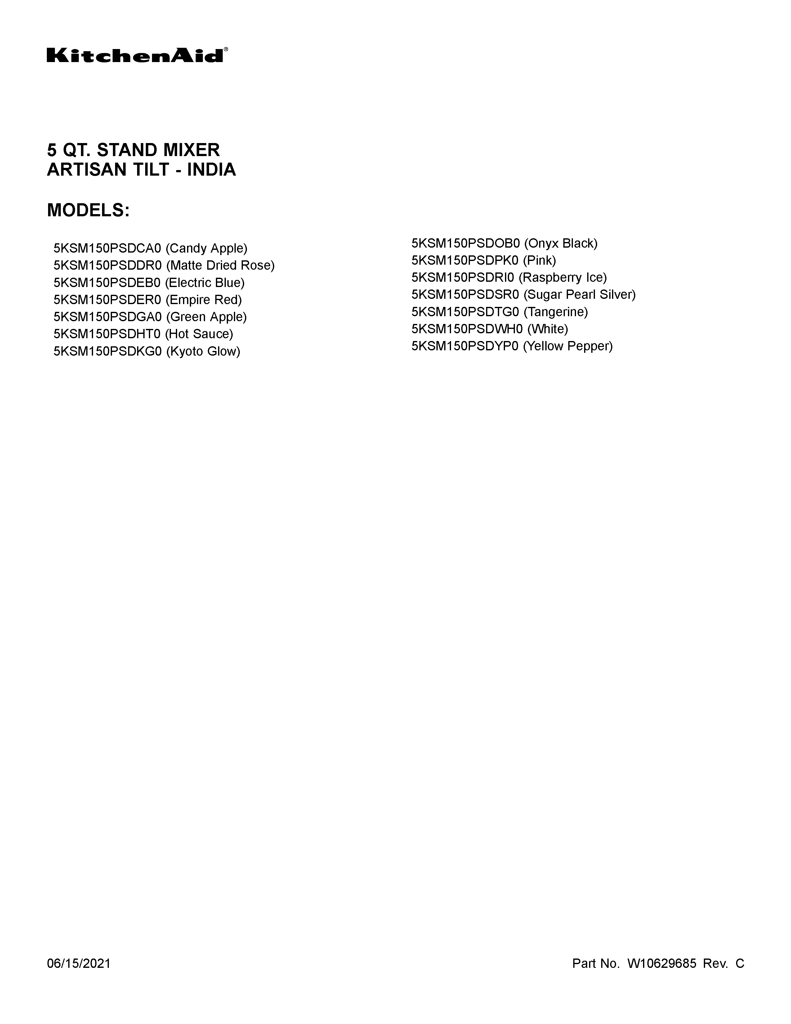 KitchenAid 5KSM150PSDOB0 cover sheet diagram