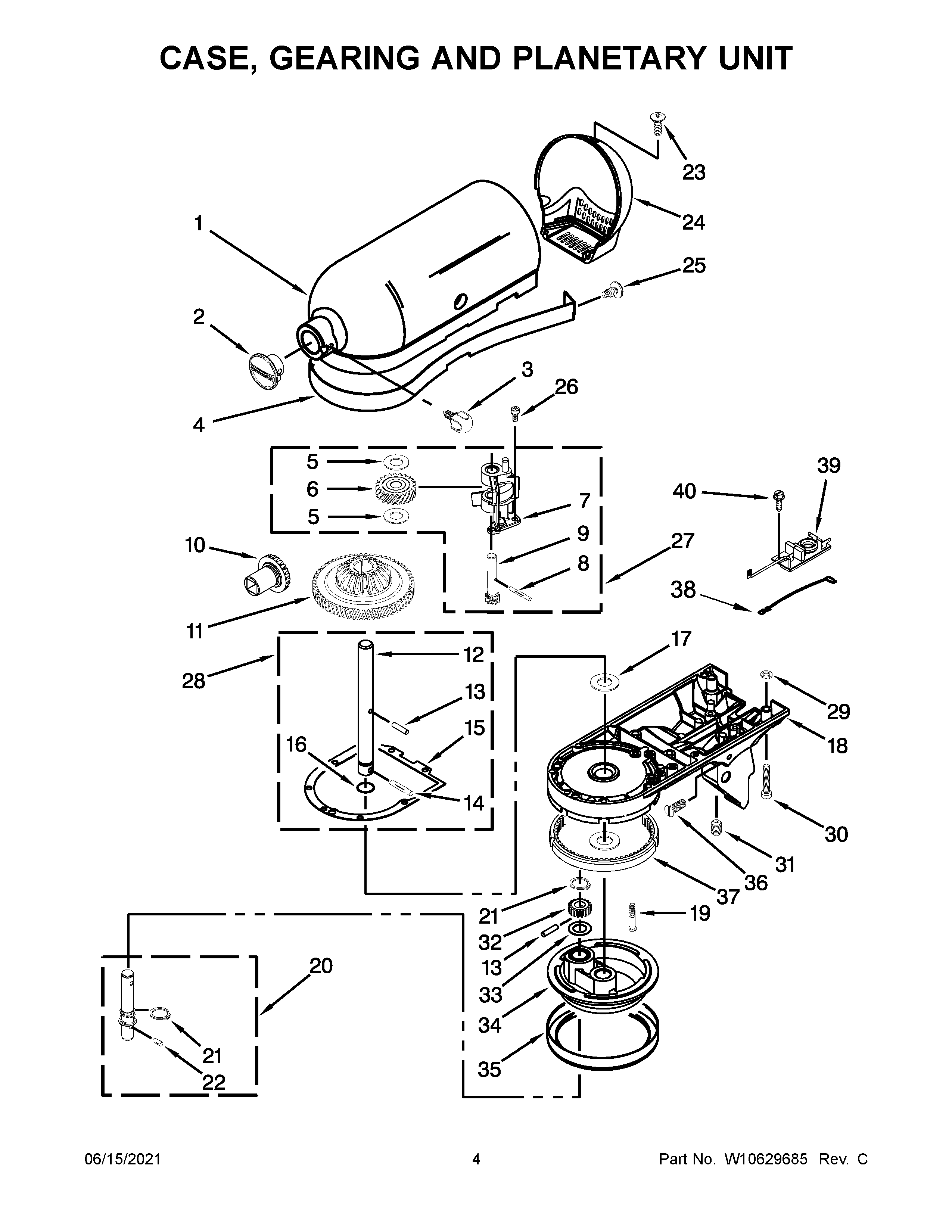KitchenAid 5KSM150PSDOB0 case, gearing and planetary unit diagram