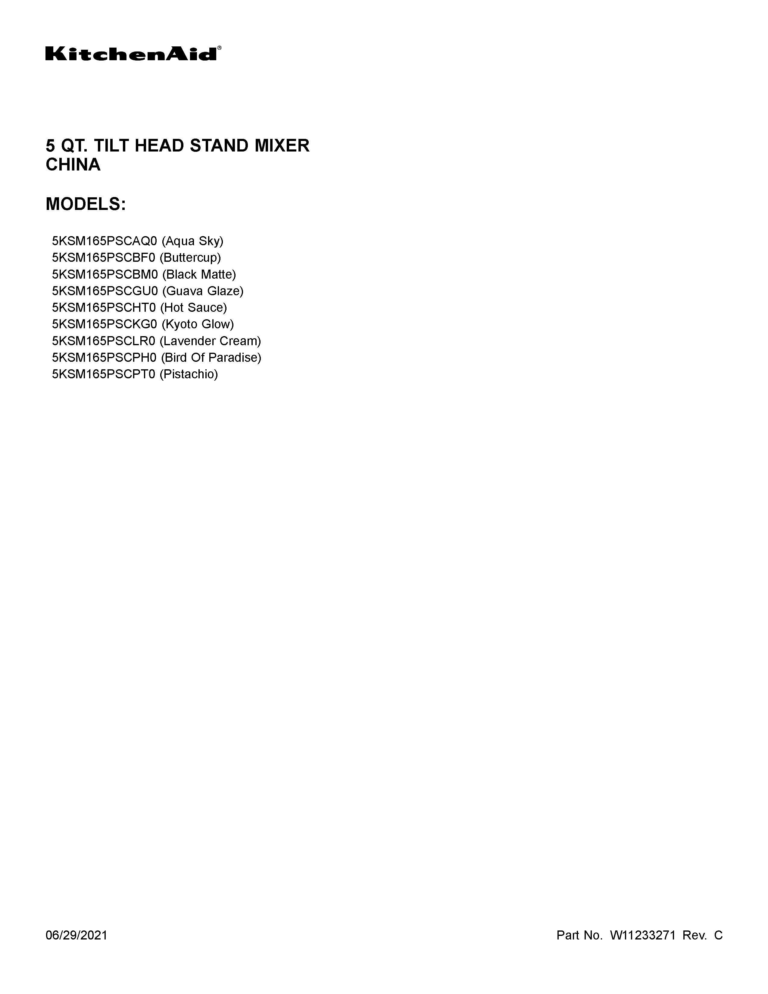 KitchenAid 5KSM165PSCPH0 cover sheet diagram