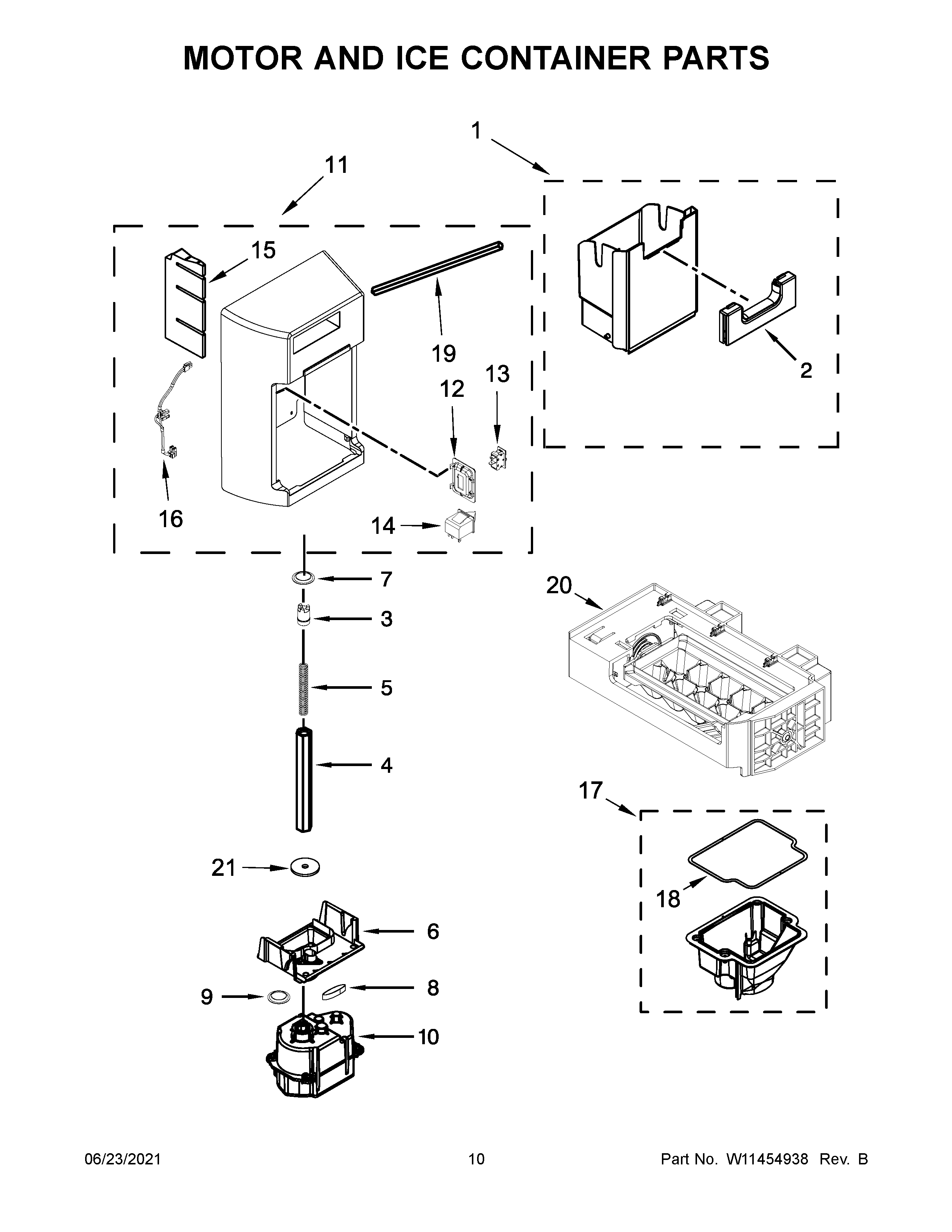 Maytag MSS25C4MGB03 motor and ice container parts diagram