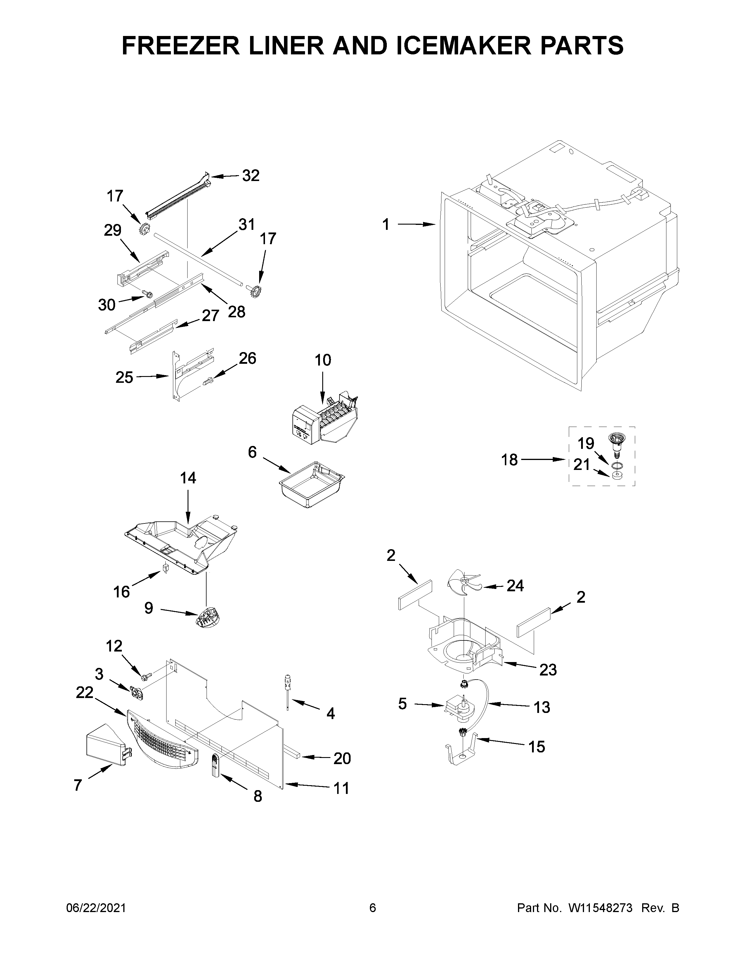 KitchenAid KRFF305EWH06 freezer liner and icemaker parts diagram