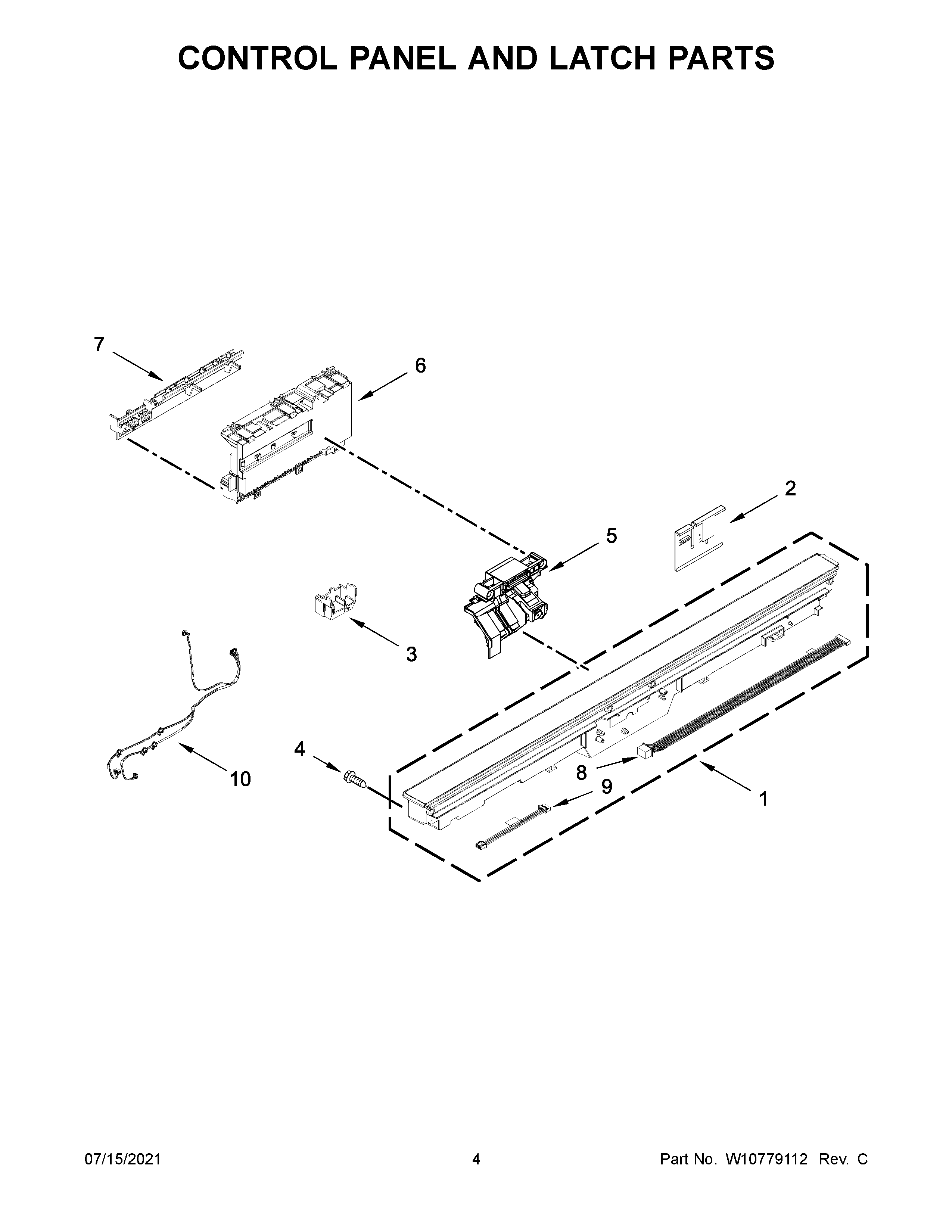 KitchenAid KDTM354DSS1 control panel and latch parts diagram