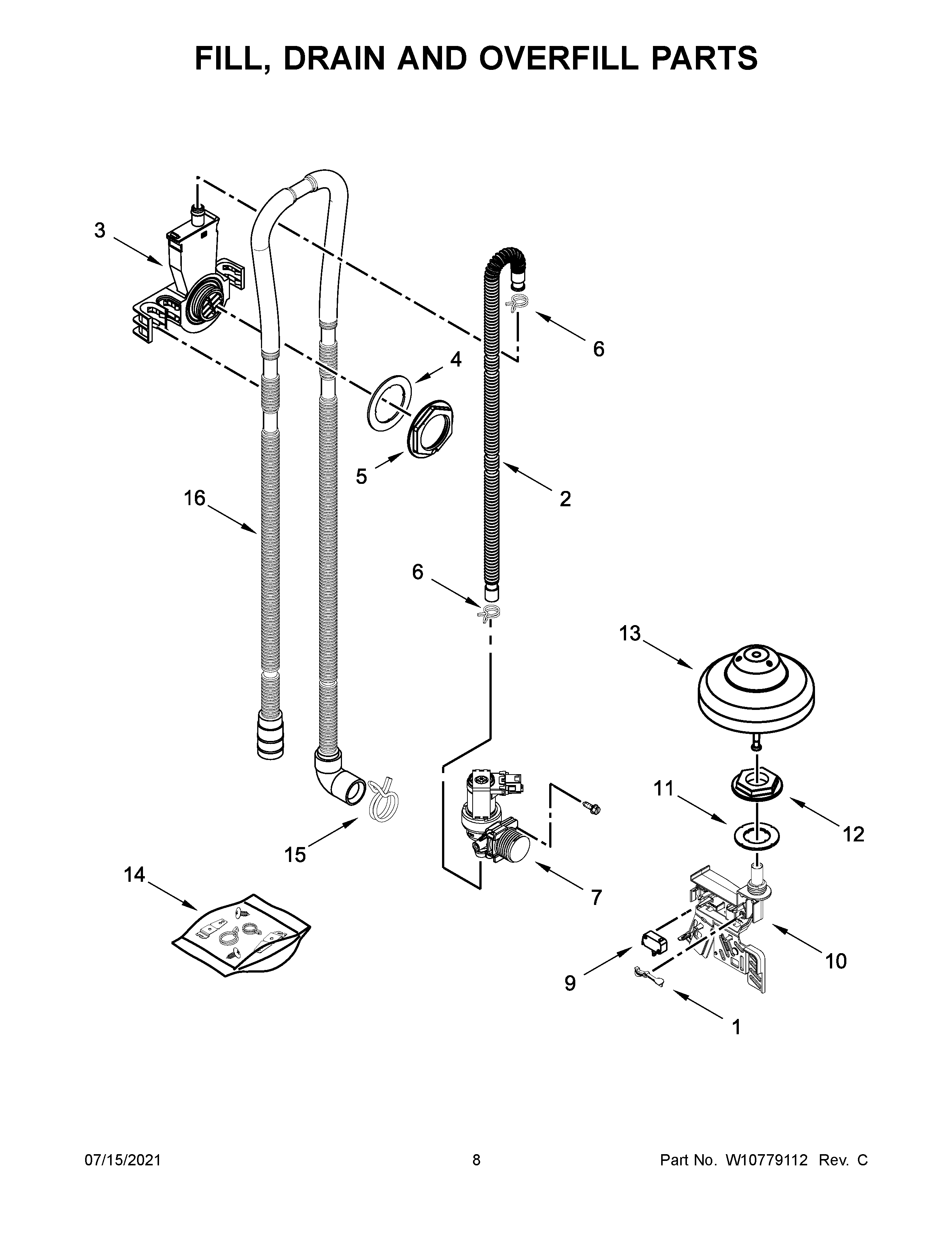 KitchenAid KDTM354DSS1 fill, drain and overfill parts diagram