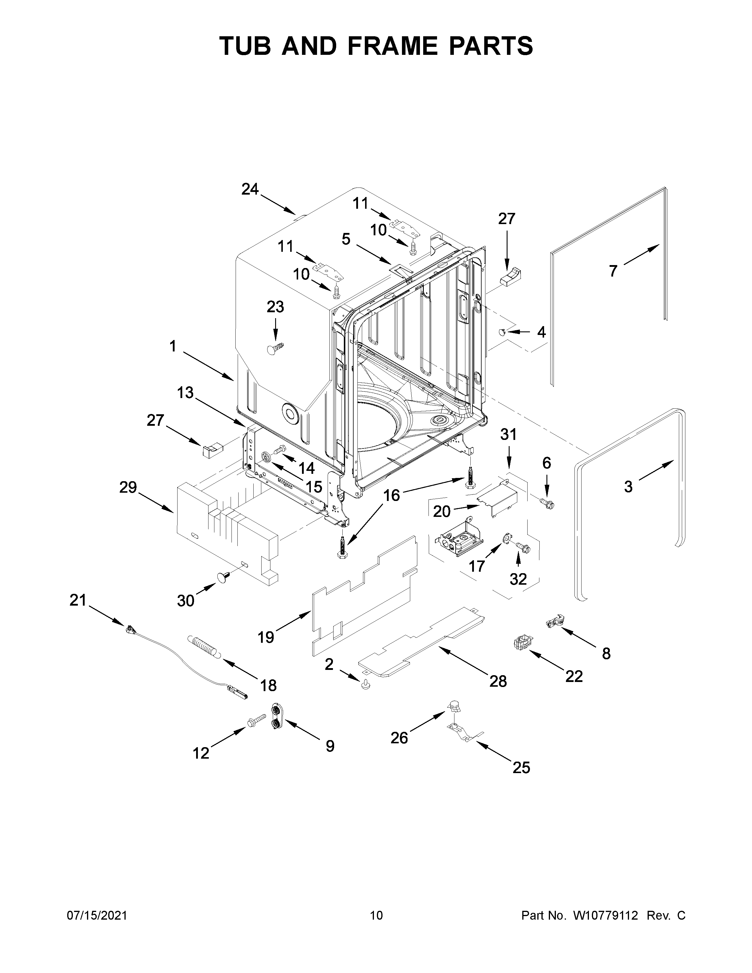 KitchenAid KDTM354DSS1 tub and frame parts diagram