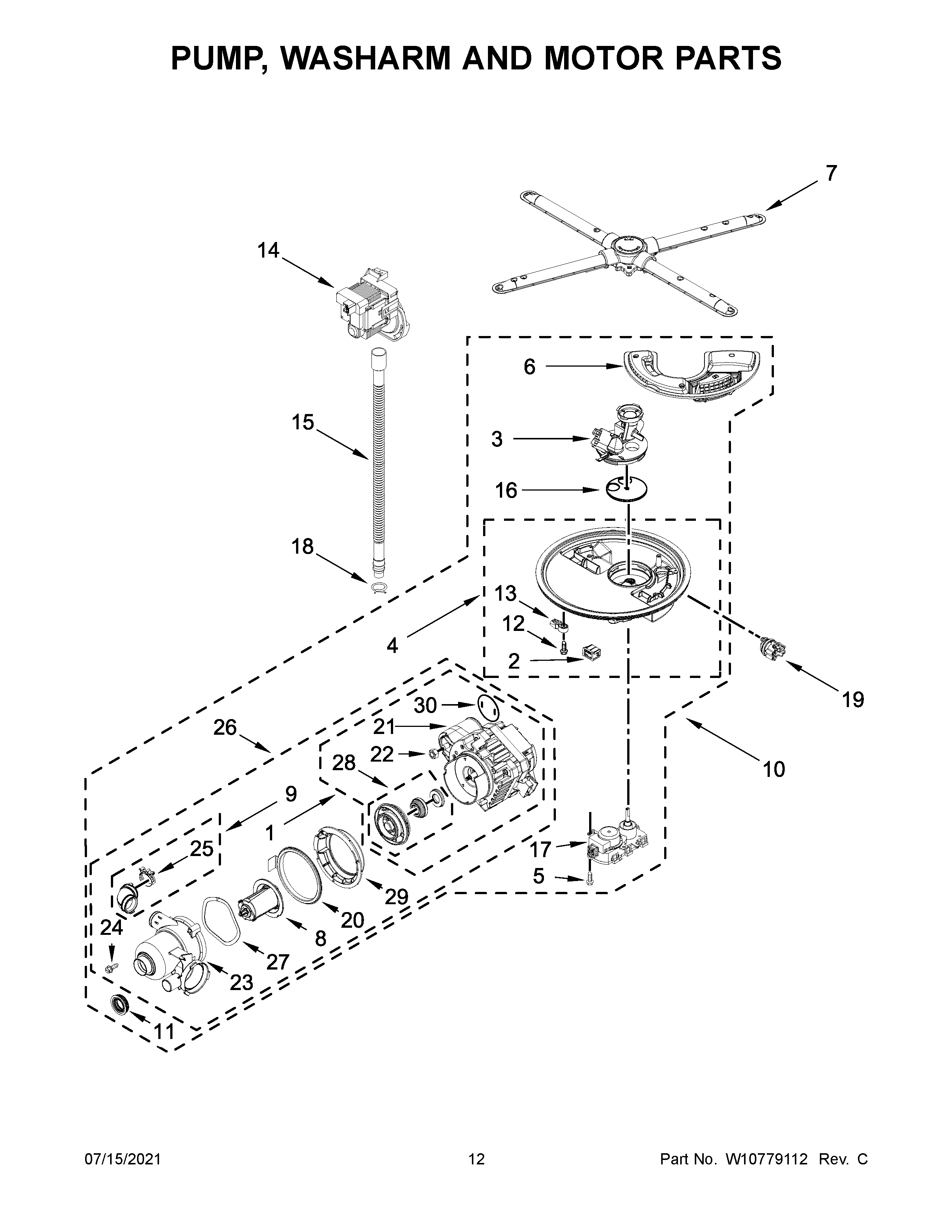 KitchenAid KDTM354DSS1 pump, washarm and motor parts diagram