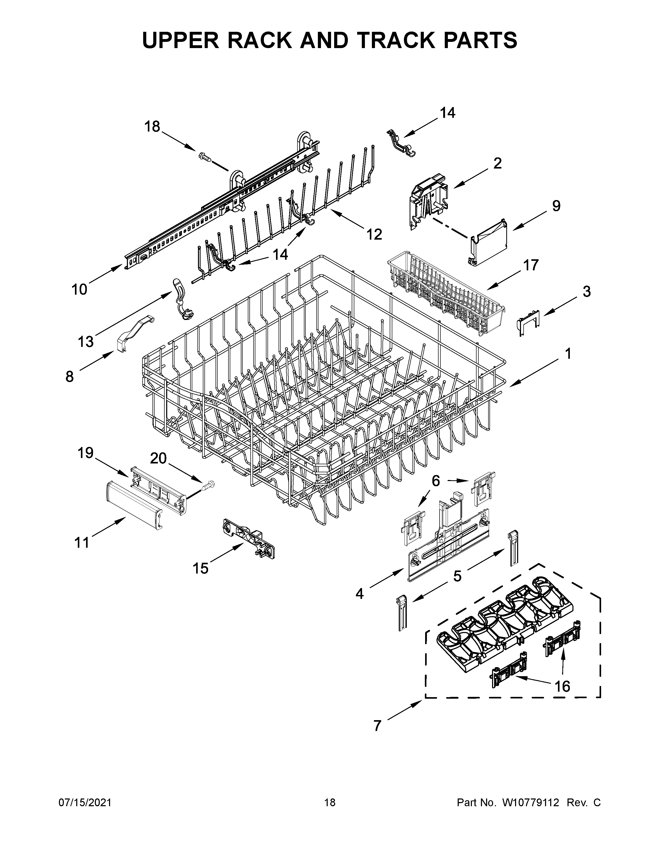 KitchenAid KDTM354DSS1 upper rack and track parts diagram