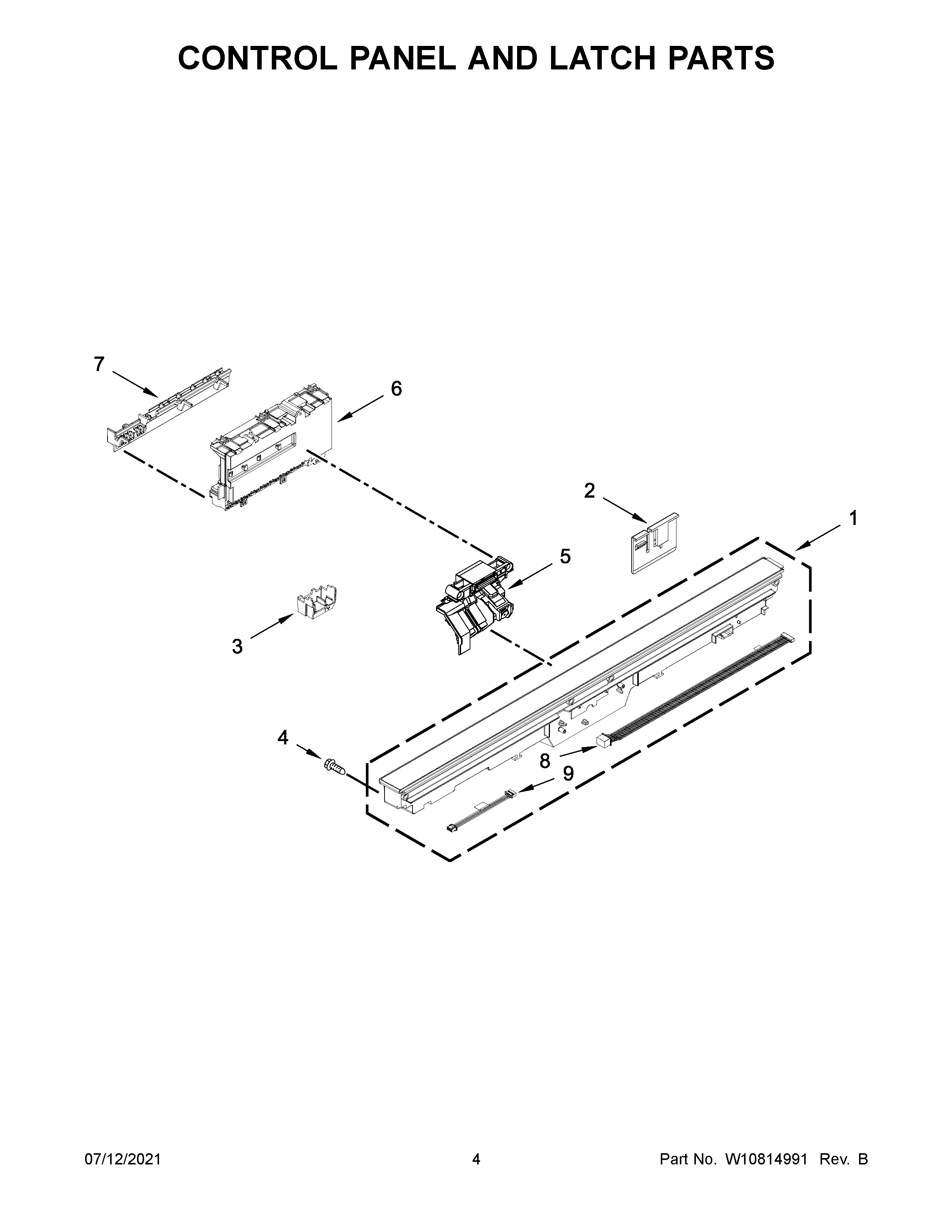 KitchenAid KDTM354DSS4 control panel and latch parts diagram