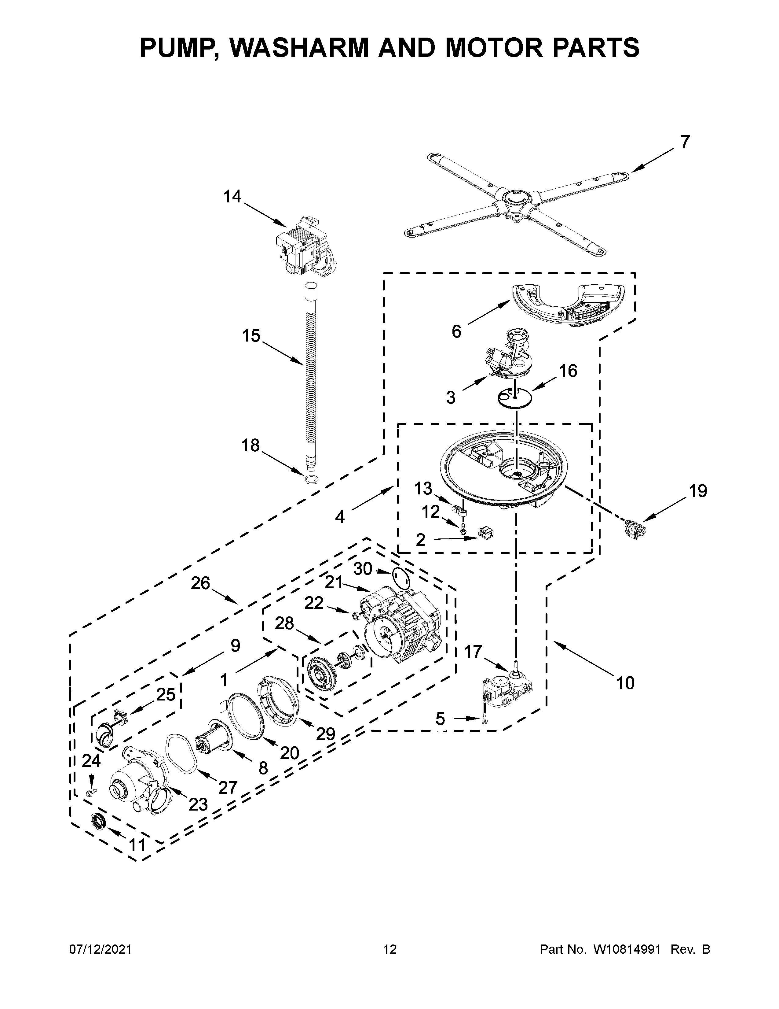 KitchenAid KDTM354DSS4 pump, washarm and motor parts diagram