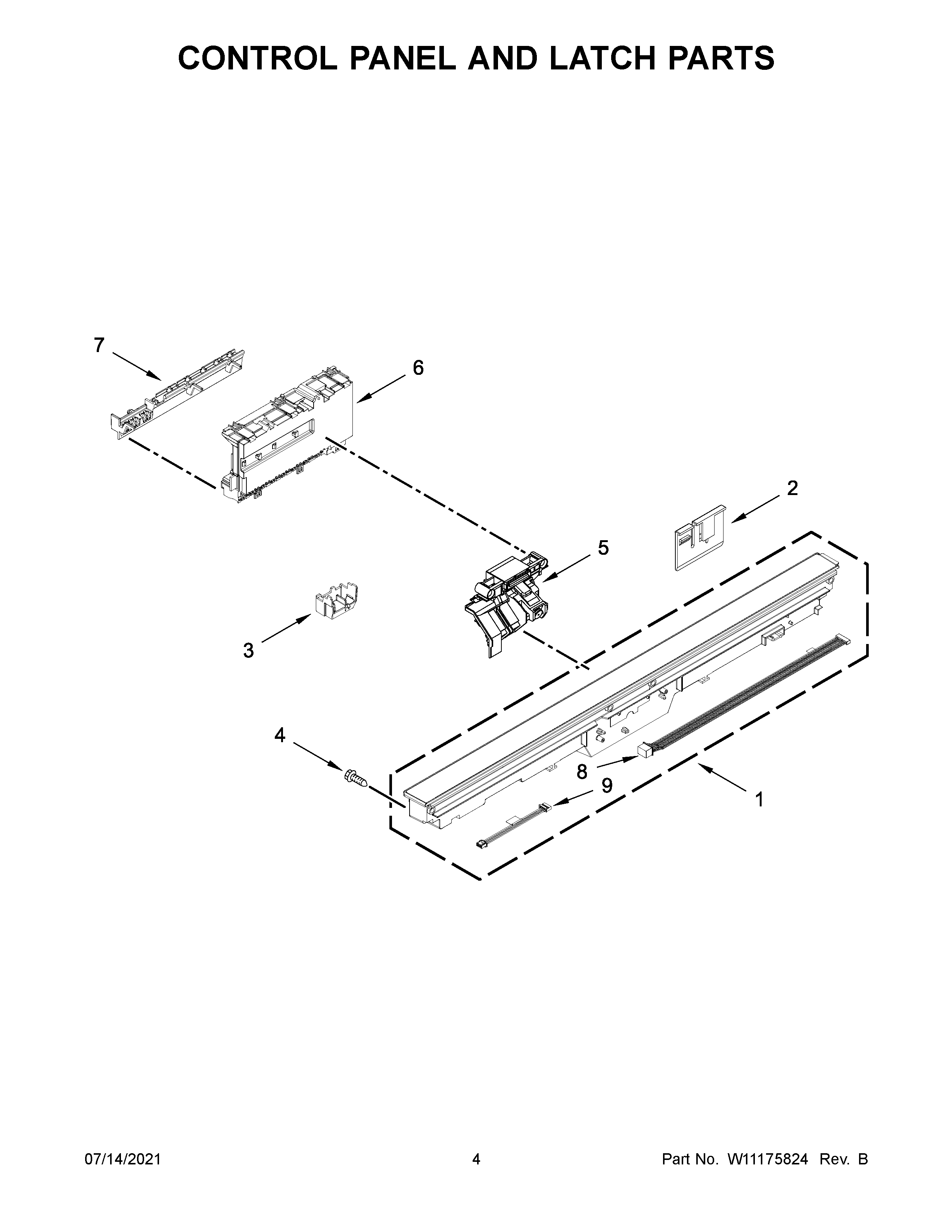 KitchenAid KDTM354DSS5 control panel and latch parts diagram