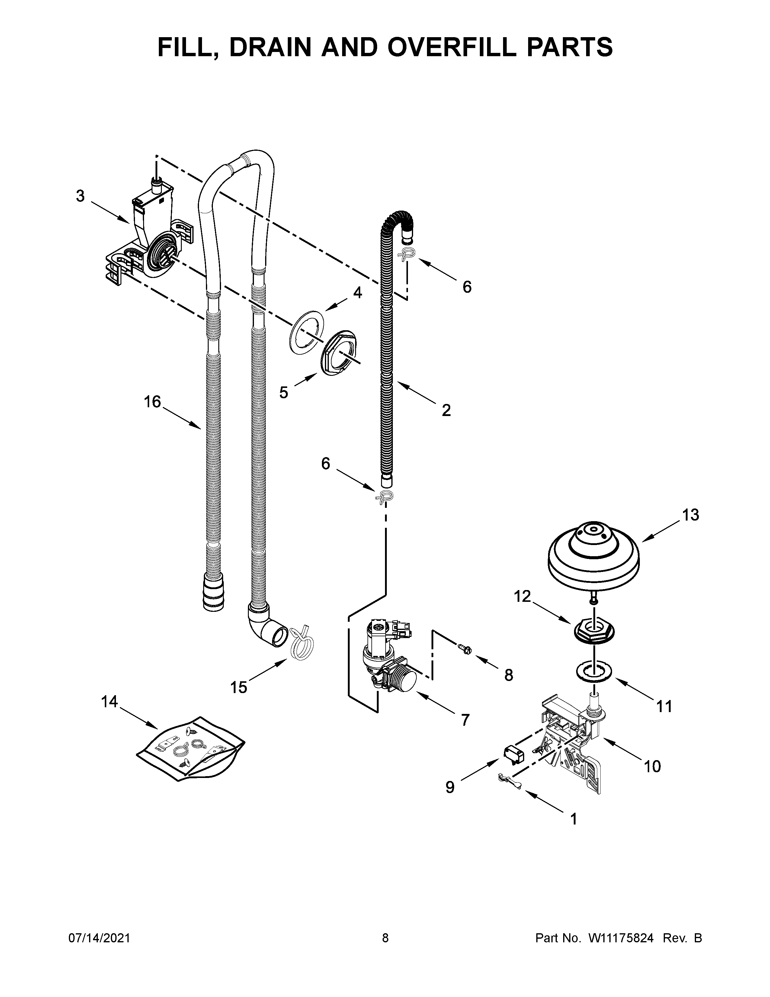 KitchenAid KDTM354DSS5 fill, drain and overfill parts diagram