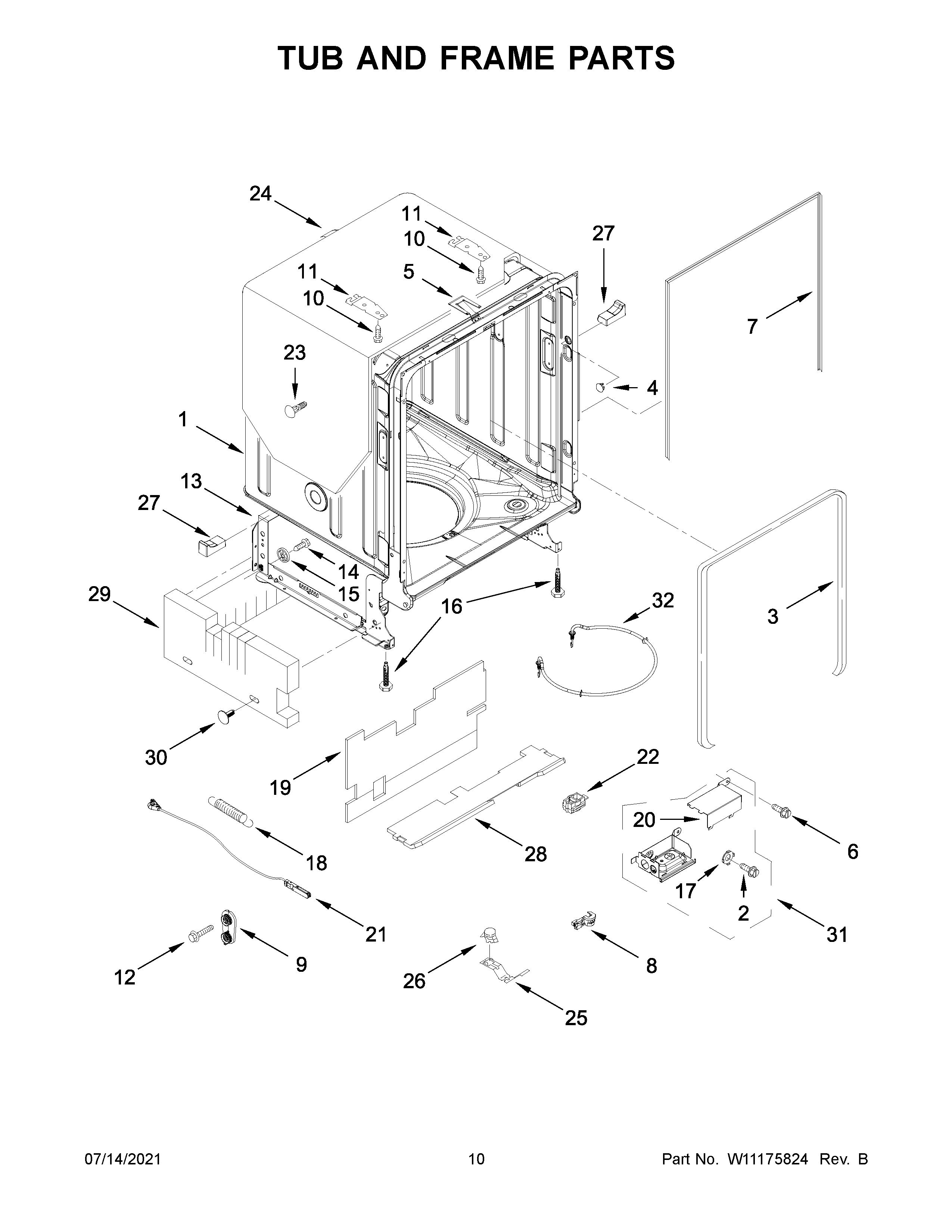 KitchenAid KDTM354DSS5 tub and frame parts diagram