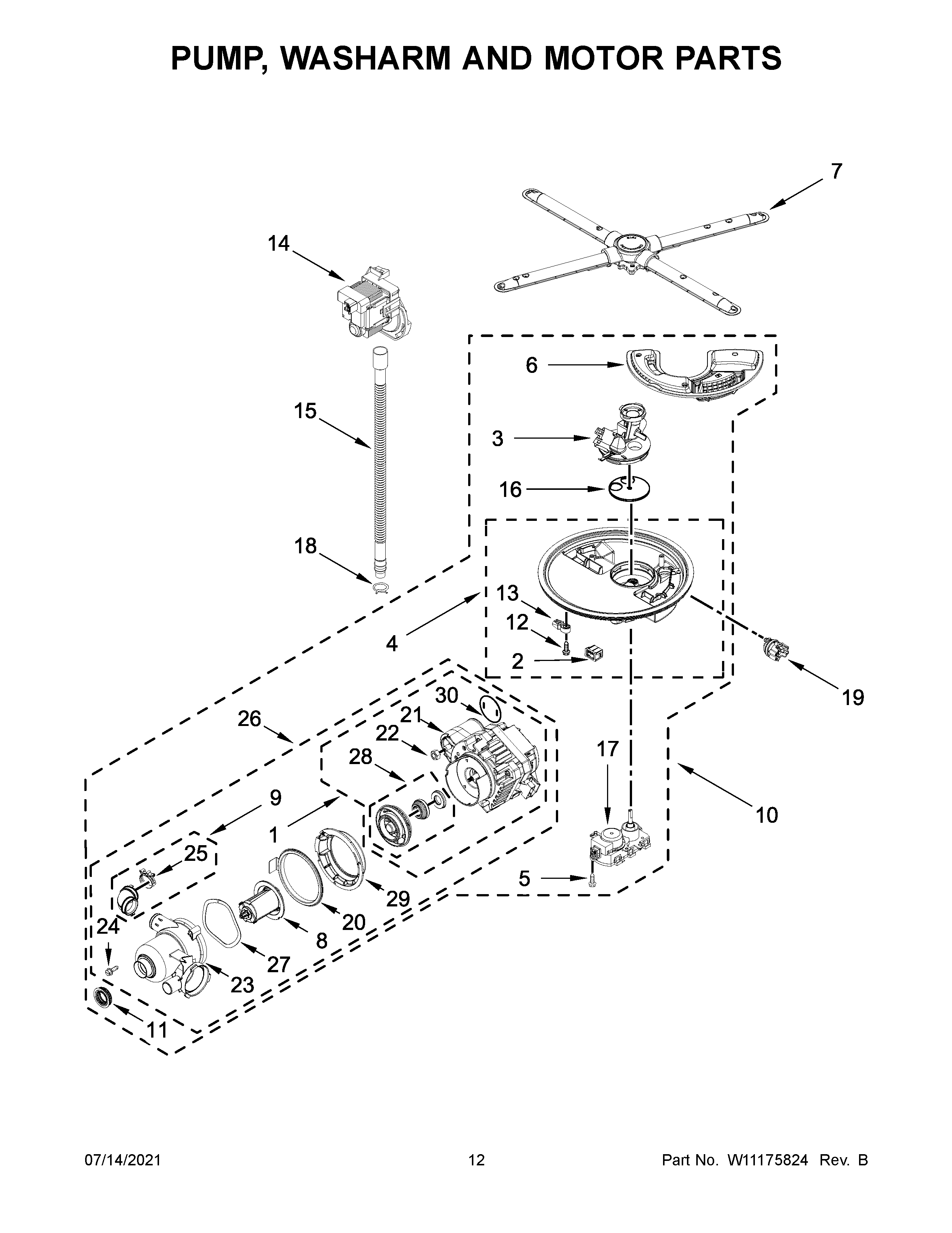 KitchenAid KDTM354DSS5 pump, washarm and motor parts diagram