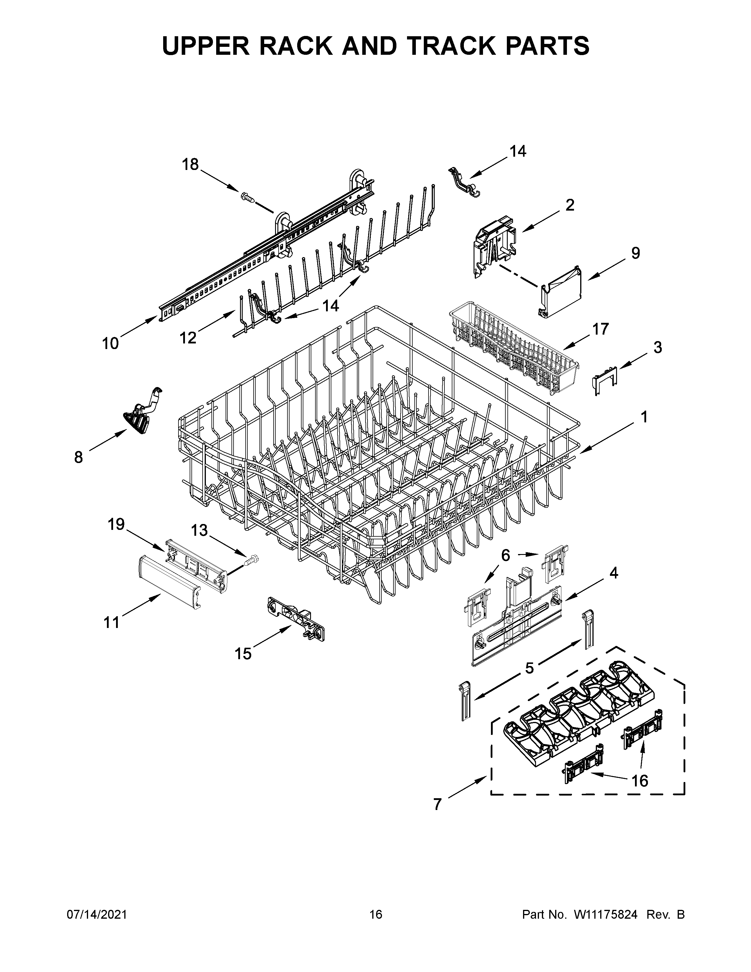 KitchenAid KDTM354DSS5 upper rack and track parts diagram