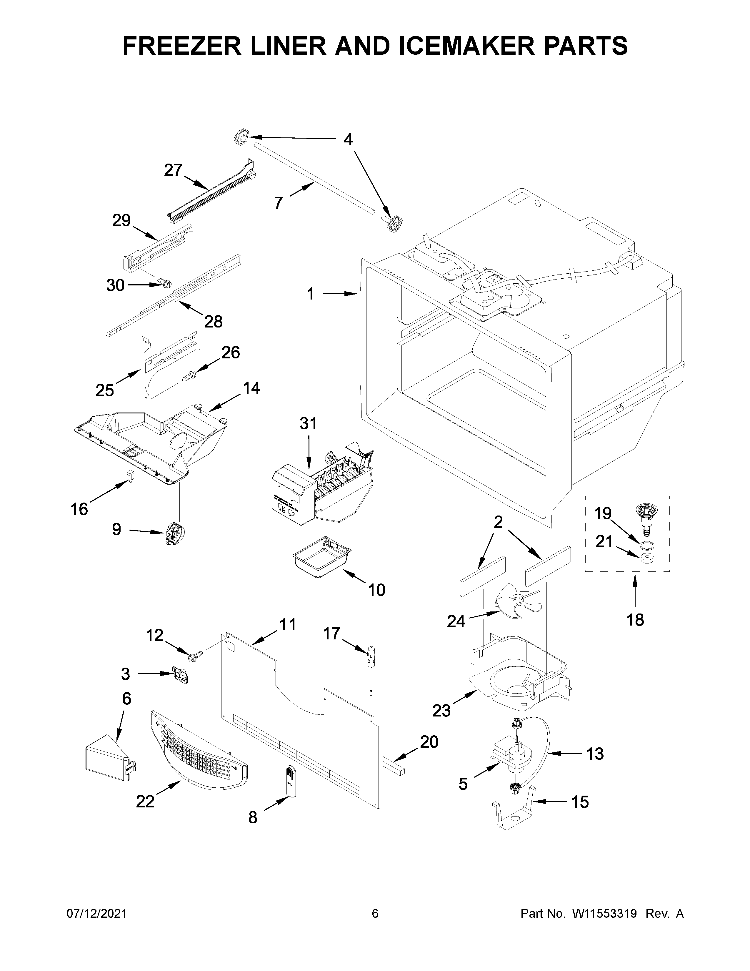 Whirlpool WRF532SMHV04 freezer liner and icemaker parts diagram