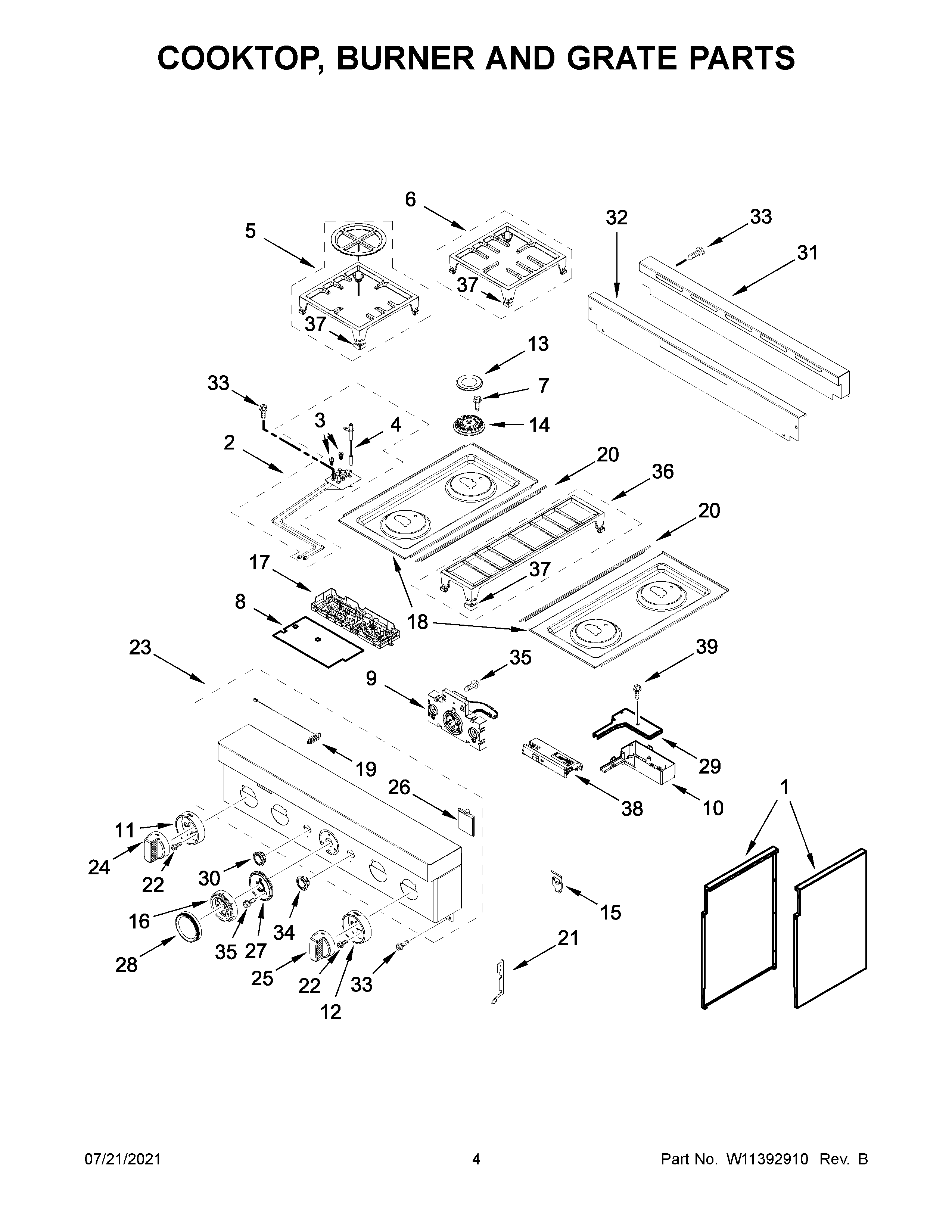KitchenAid KFGC500JSS00 cooktop, burner and grate parts diagram