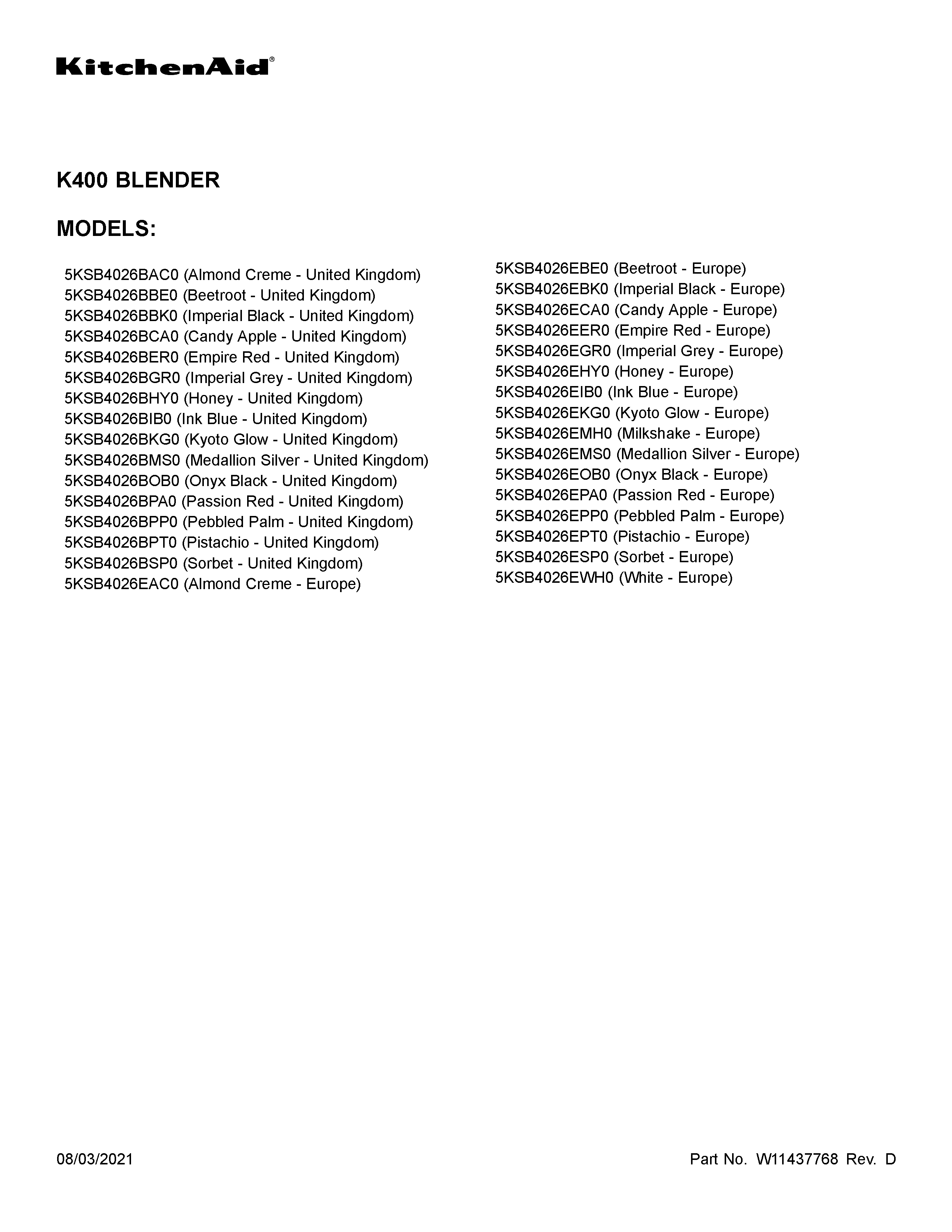 KitchenAid 5KSB4026BPP0 cover sheet diagram