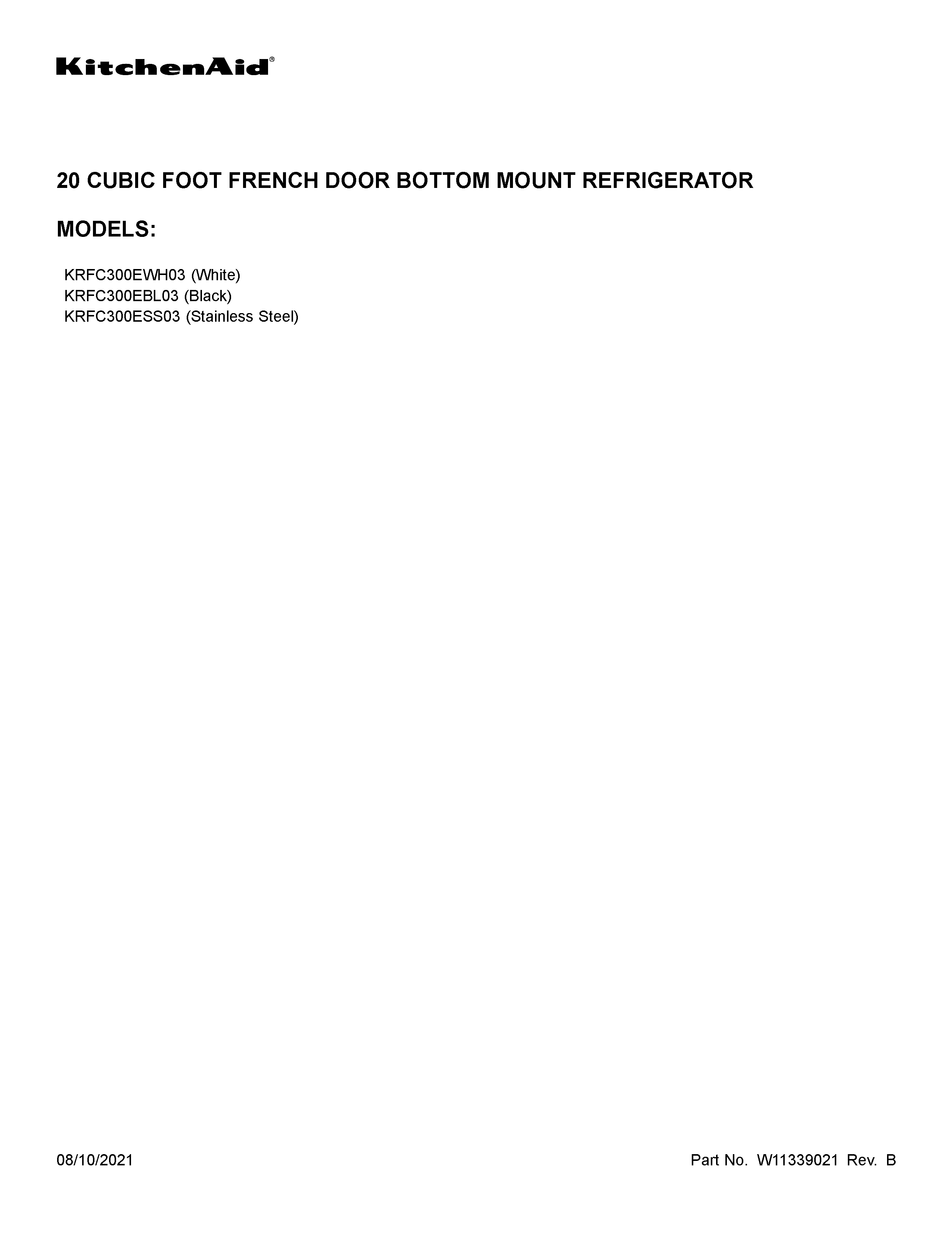 KitchenAid KRFC300EWH03 cover sheet diagram
