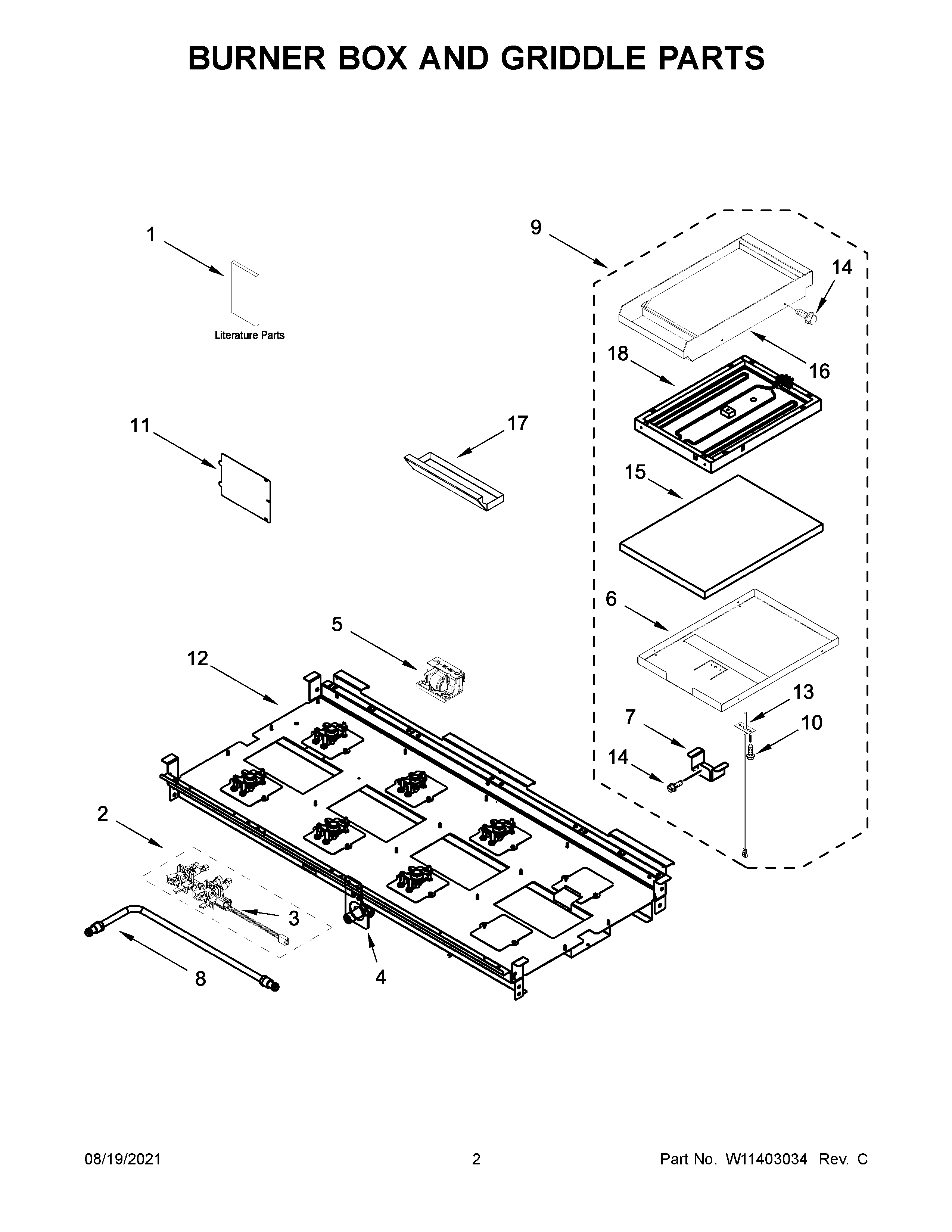 KitchenAid KFGC558JIB00 burner box and griddle parts diagram