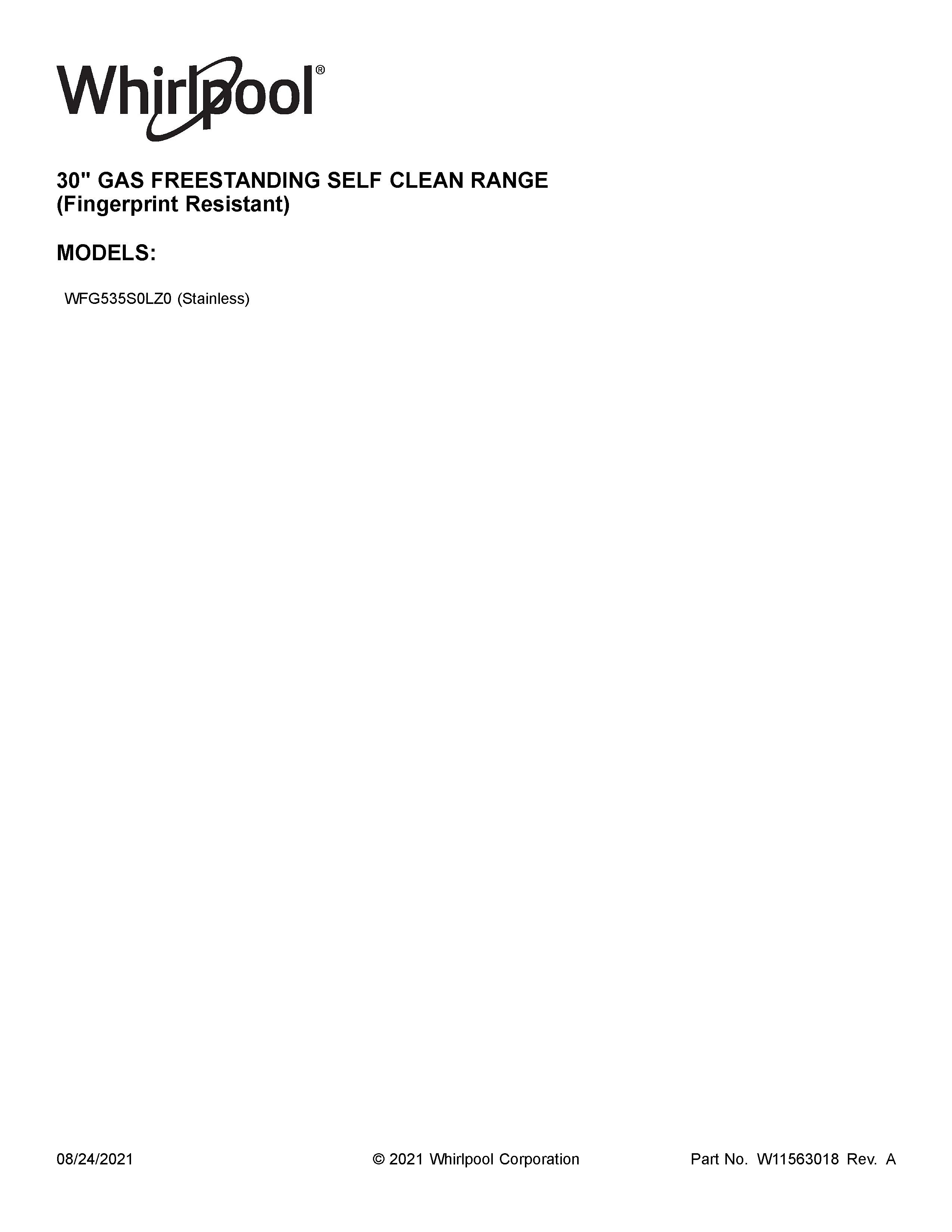 Whirlpool WFG535S0LZ0 cover sheet diagram