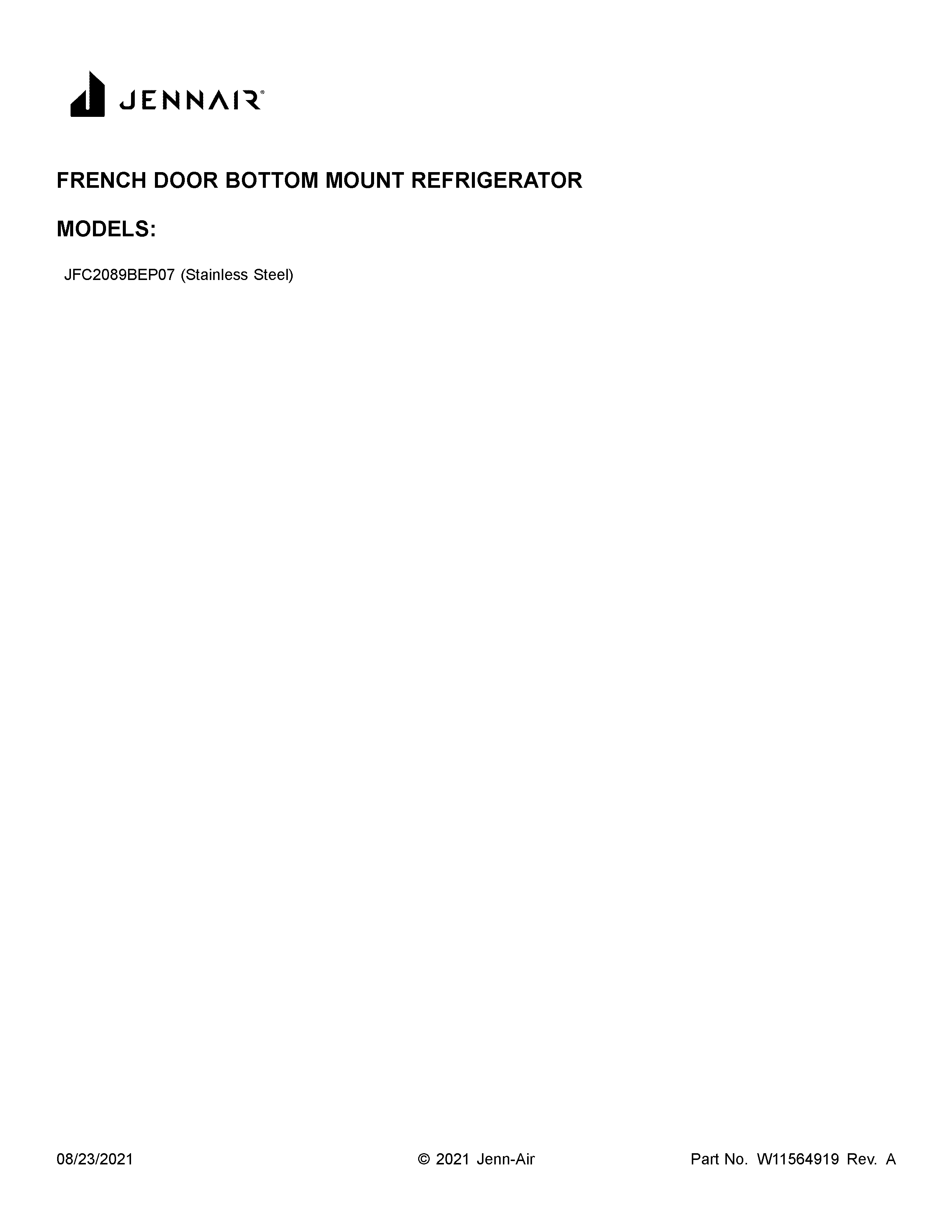 Jenn-Air JFC2089BEP07 cover sheet diagram