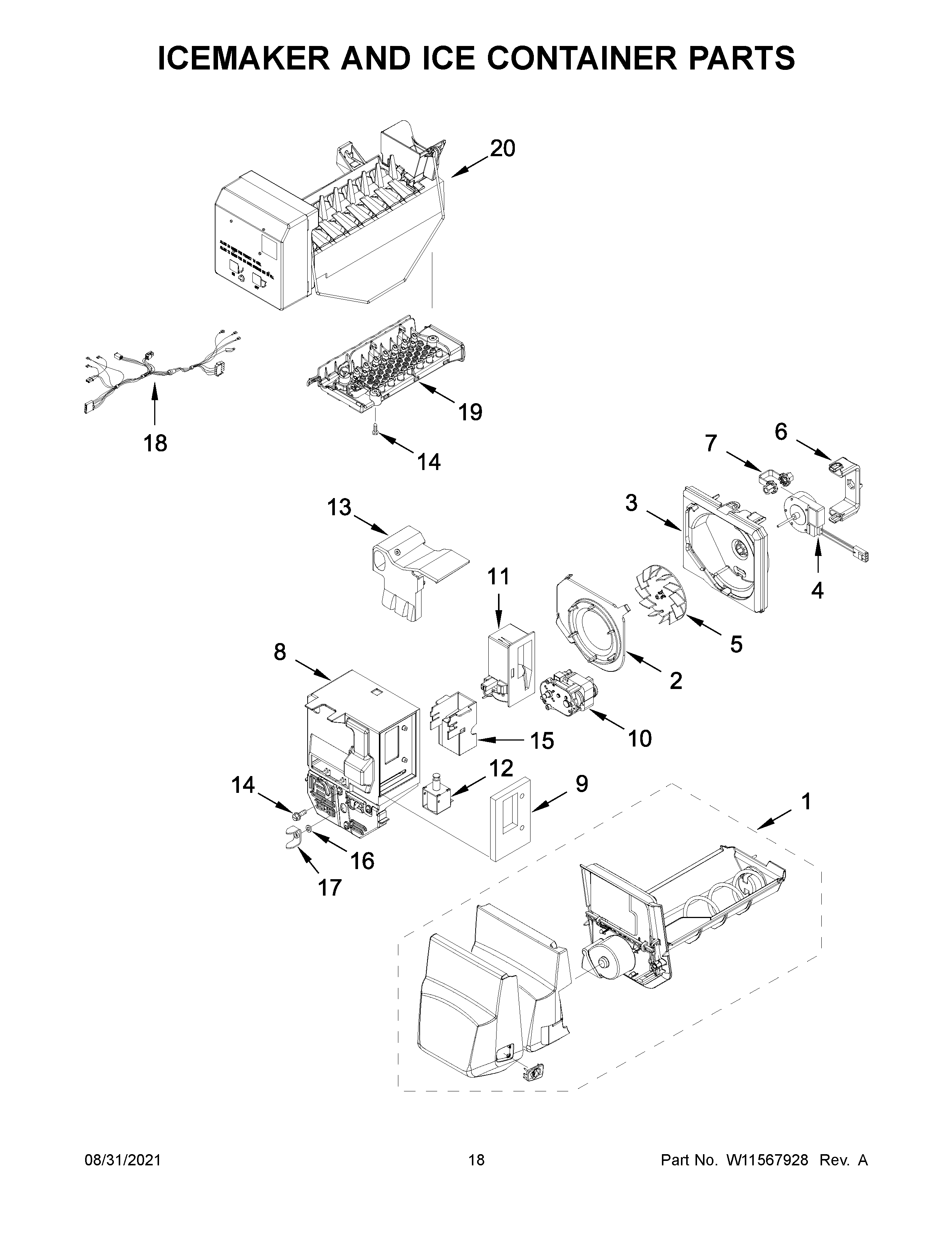 Maytag MFI2570FEB06 icemaker and ice container parts diagram