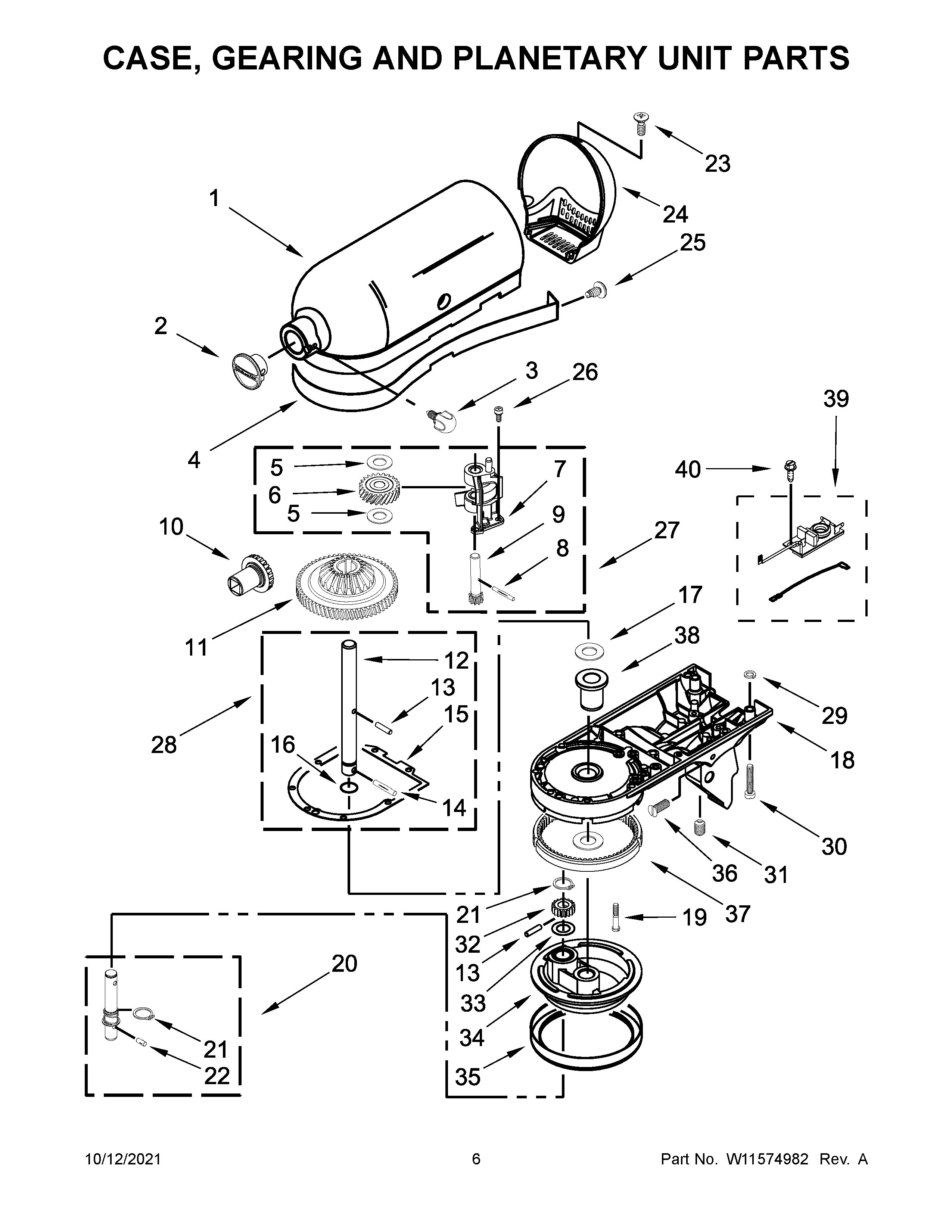 KitchenAid 5KSM195PSZBE0 case, gearing and planetary unit parts diagram