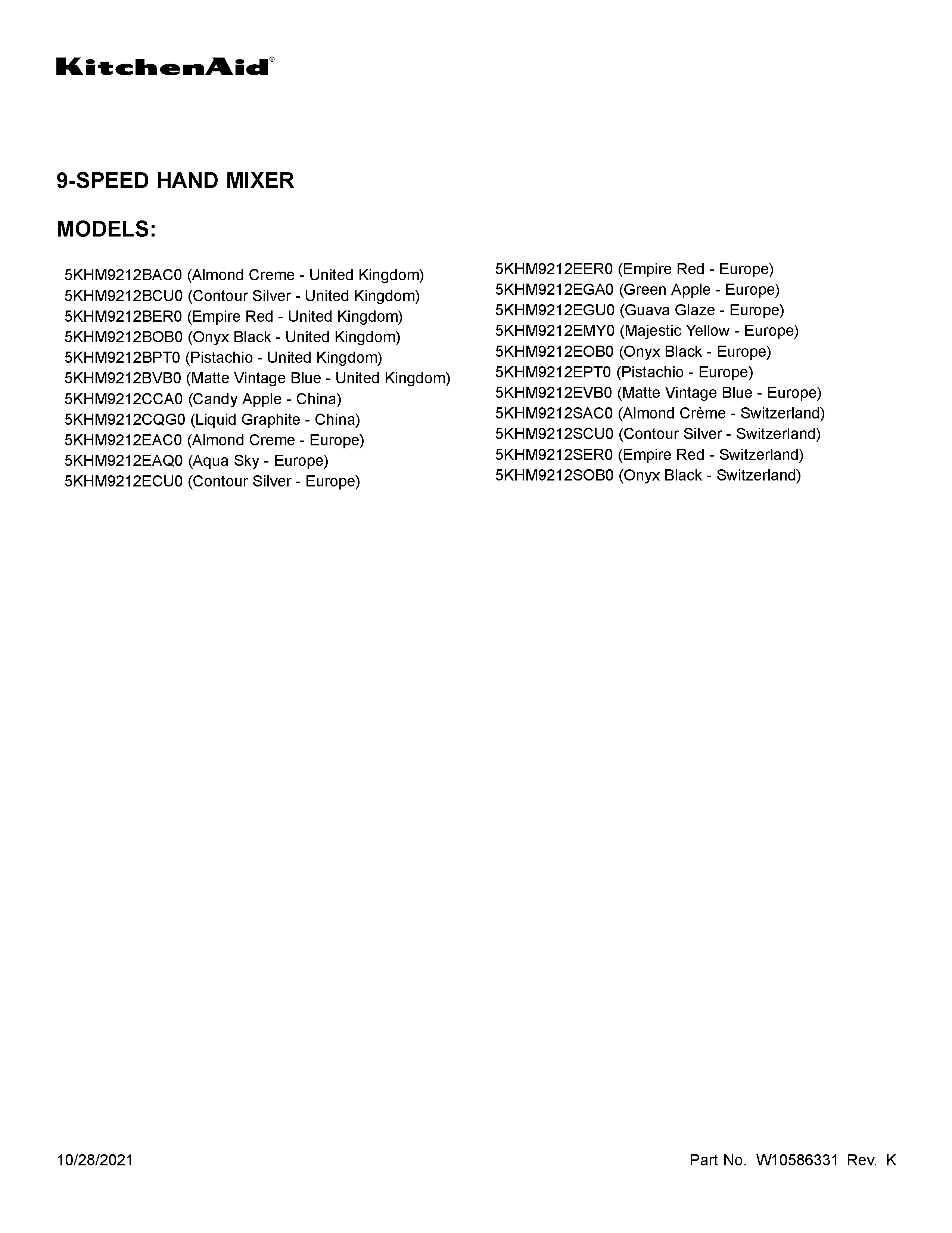 KitchenAid 5KHM9212BPT0 cover sheet diagram
