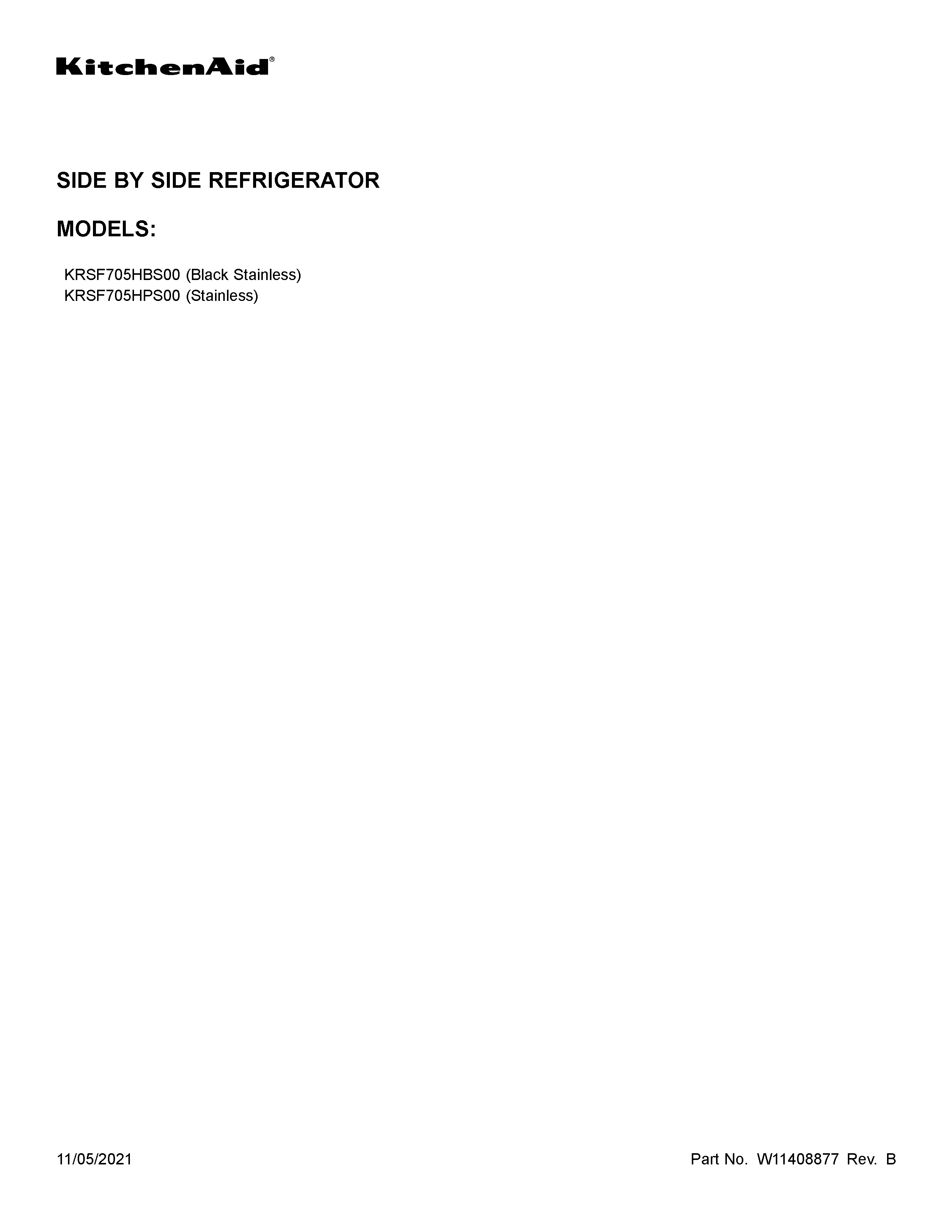 KitchenAid KRSF705HPS00 cover sheet diagram