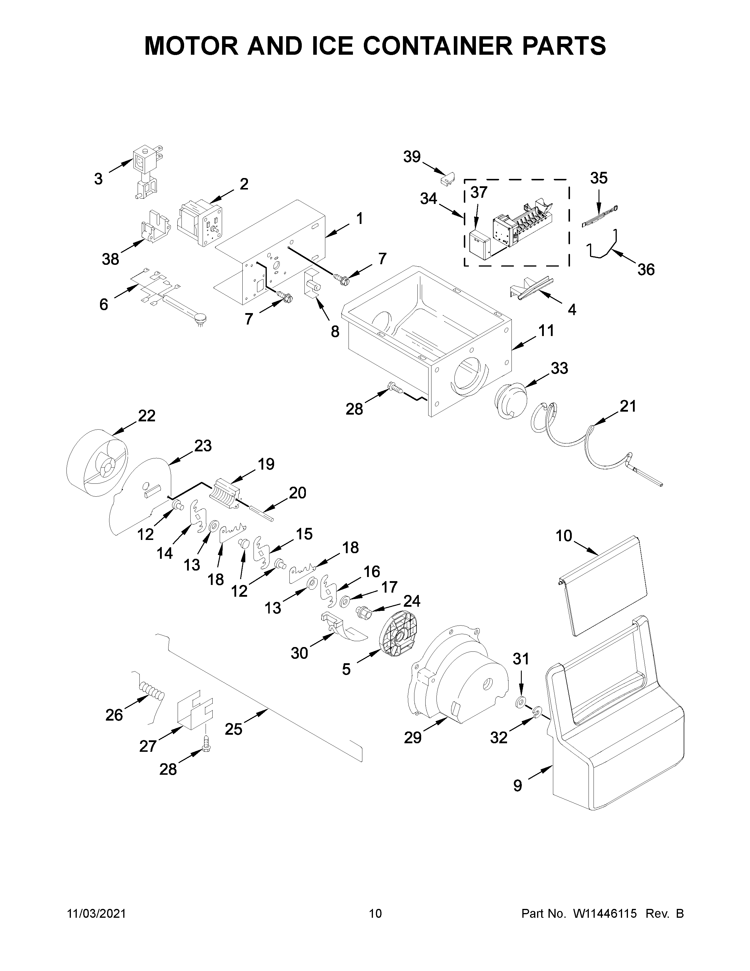 Whirlpool WRS311SDHM04 motor and ice container parts diagram