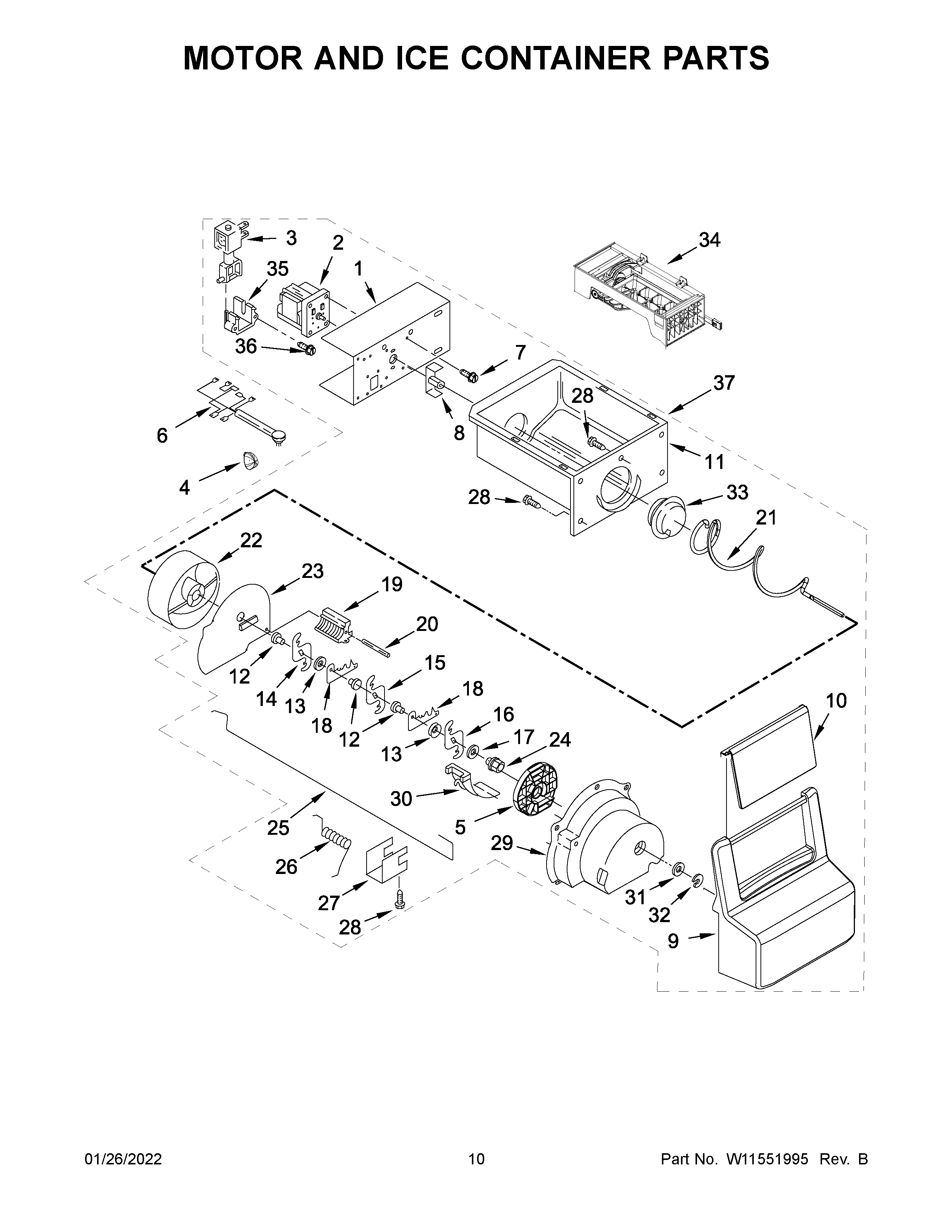 Amana ASI2175GRW07 motor and ice container parts diagram