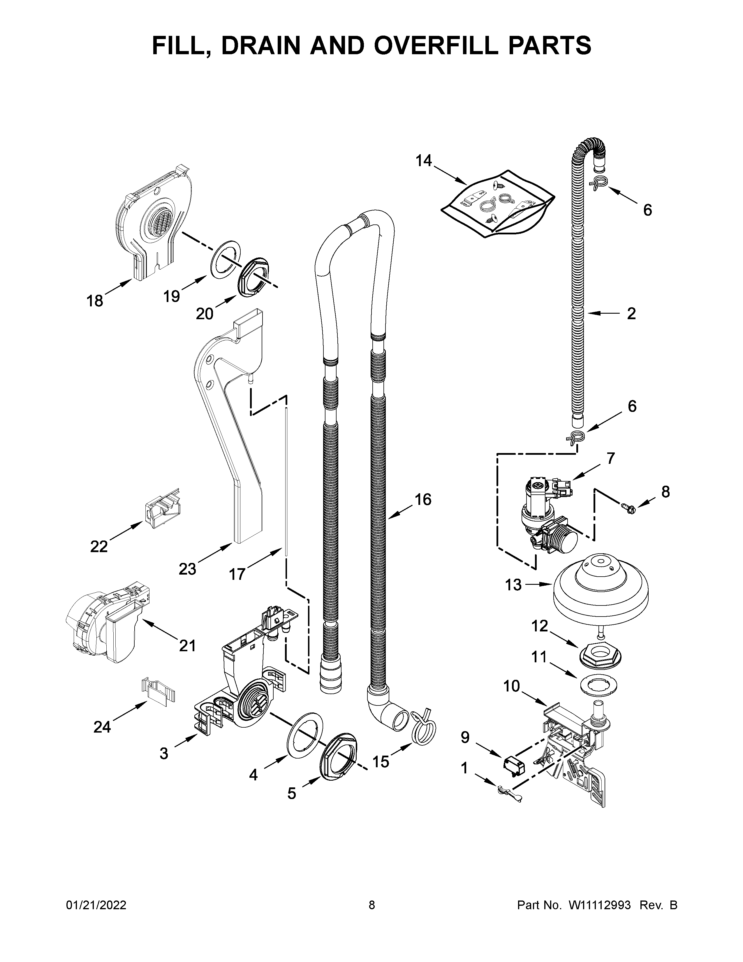 KitchenAid KDTM404EBS3 fill, drain and overfill parts diagram