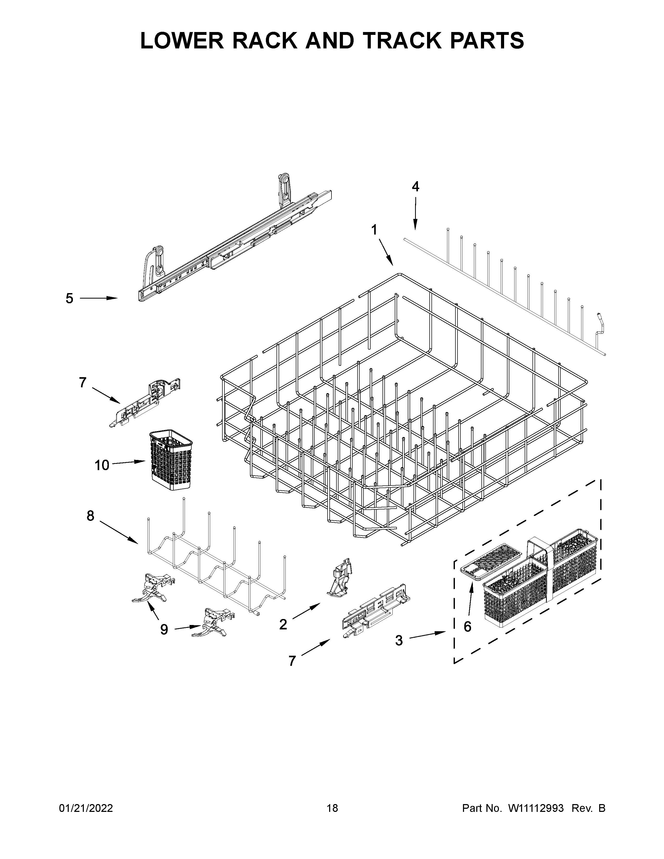 KitchenAid KDTM404EBS3 lower rack and track parts diagram