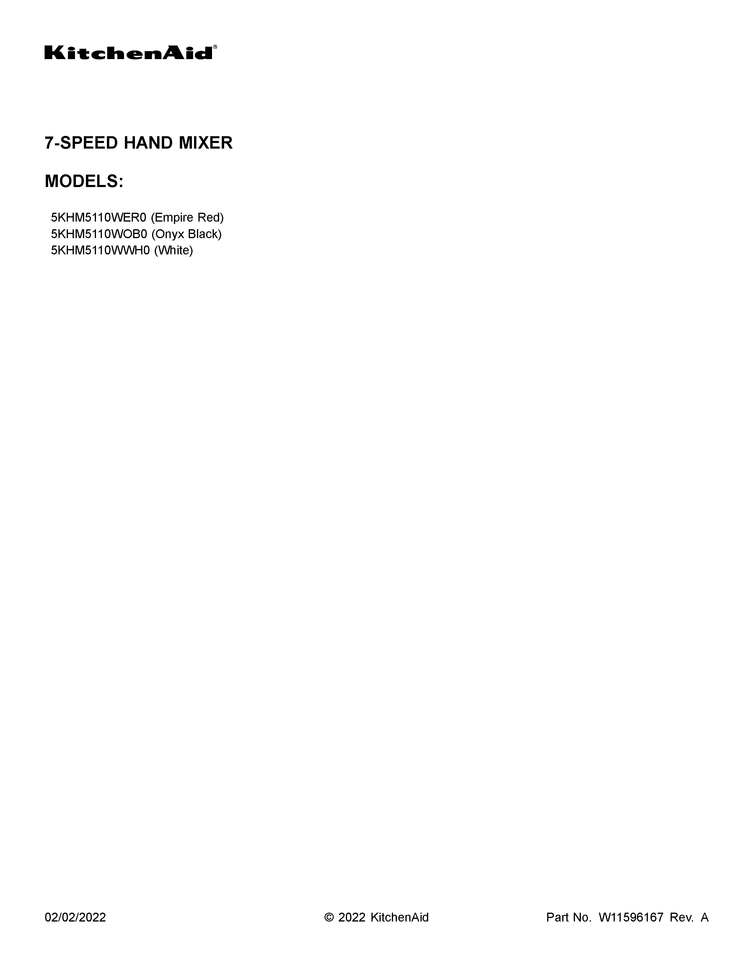 KitchenAid 5KHM5110WER0 cover sheet diagram